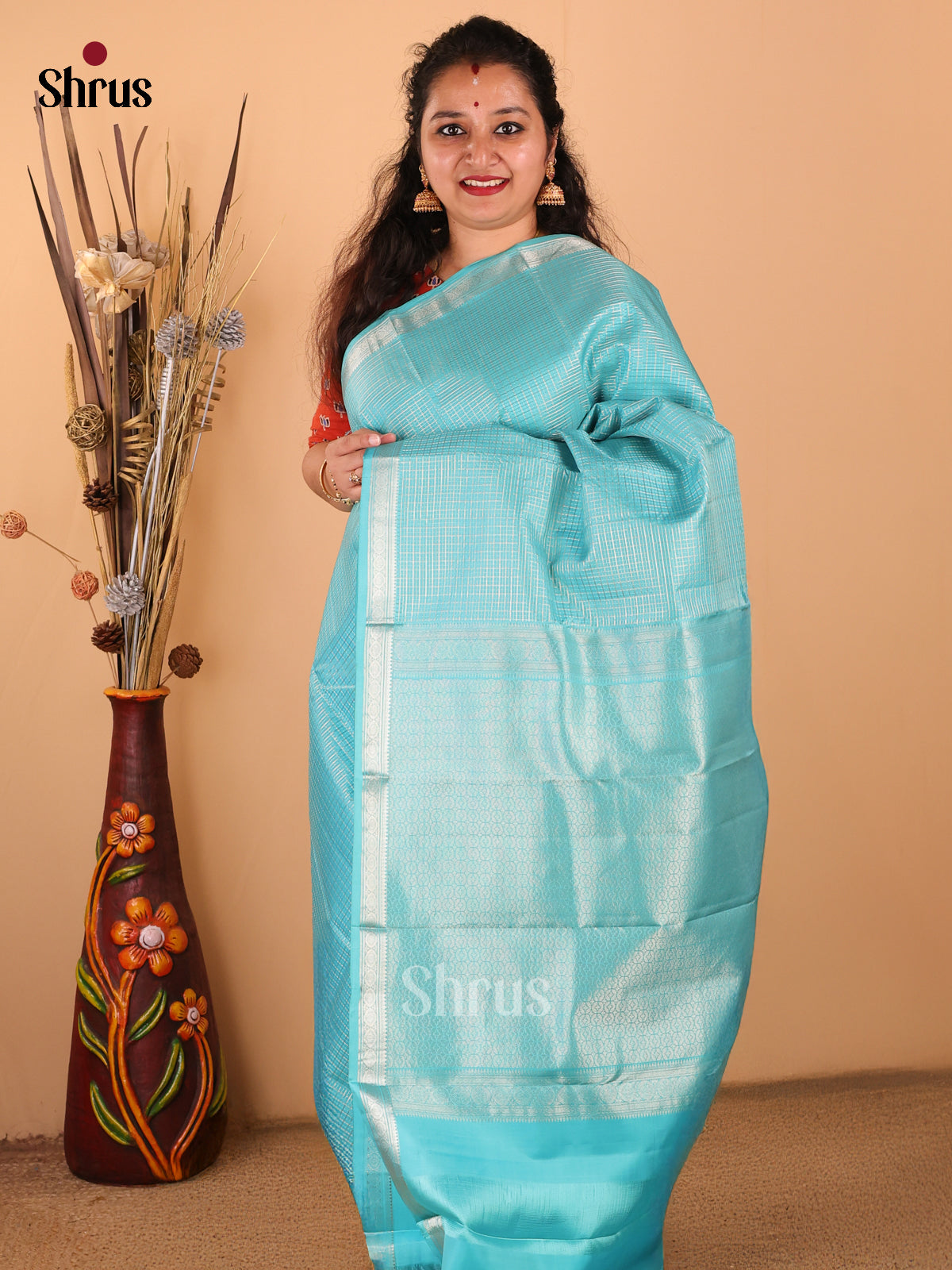 Pastel Blue single tone Kanchipuram silk Saree with silver zari checks , thin zari border-1