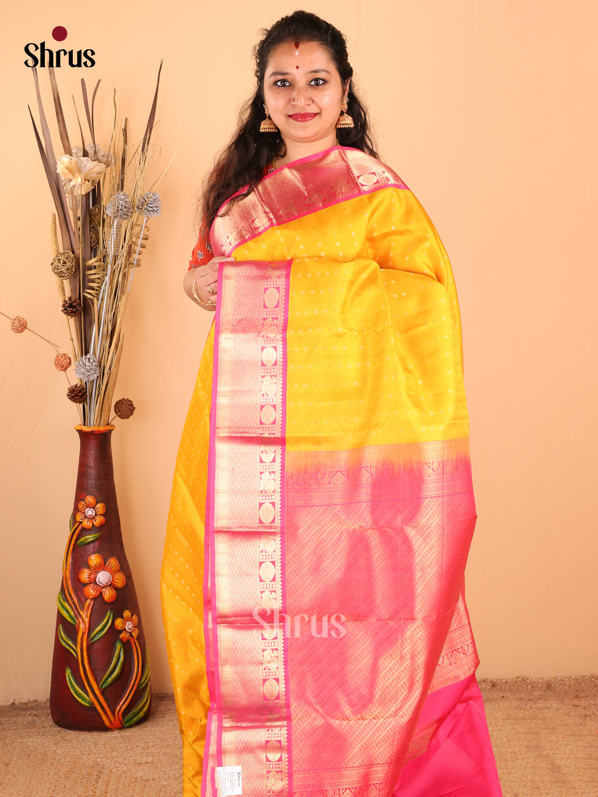 Glorious Yellow Kanchipuram silk Saree with zari buttas , stripe pallu - Shop on Shrus.com
