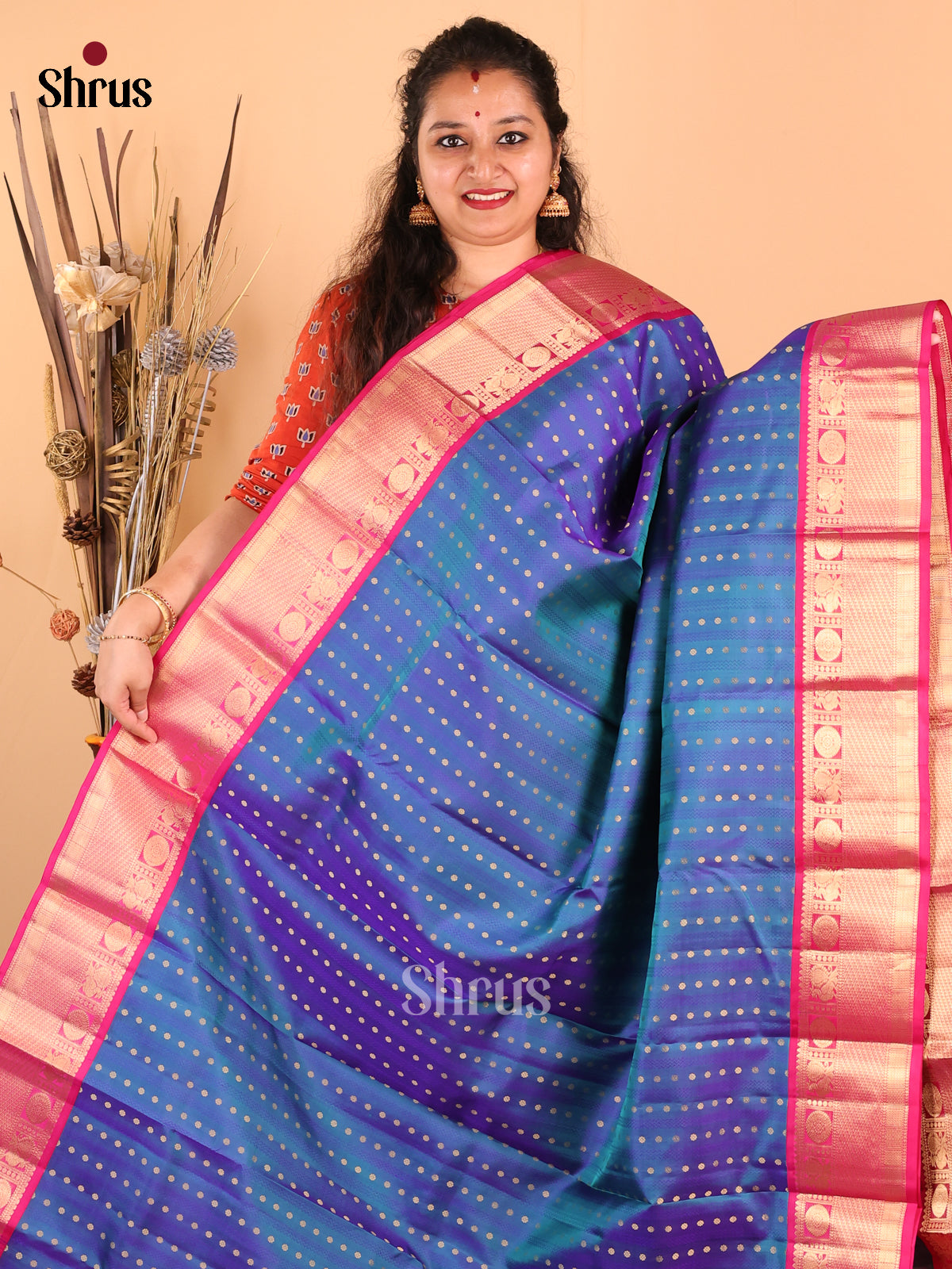Vibrant Peacock Blue Kanchipuram silk Saree zari woven buttas , brocade pallu - Shop on Shrus.com