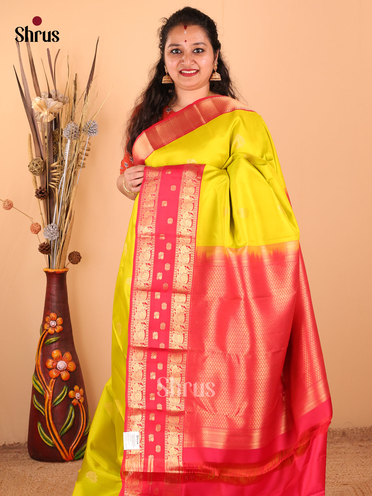 Pretty Mustard Green Kanchipuram silk Saree with zari floral buttas & Rettaipet zari border - Shop on Shrus.com