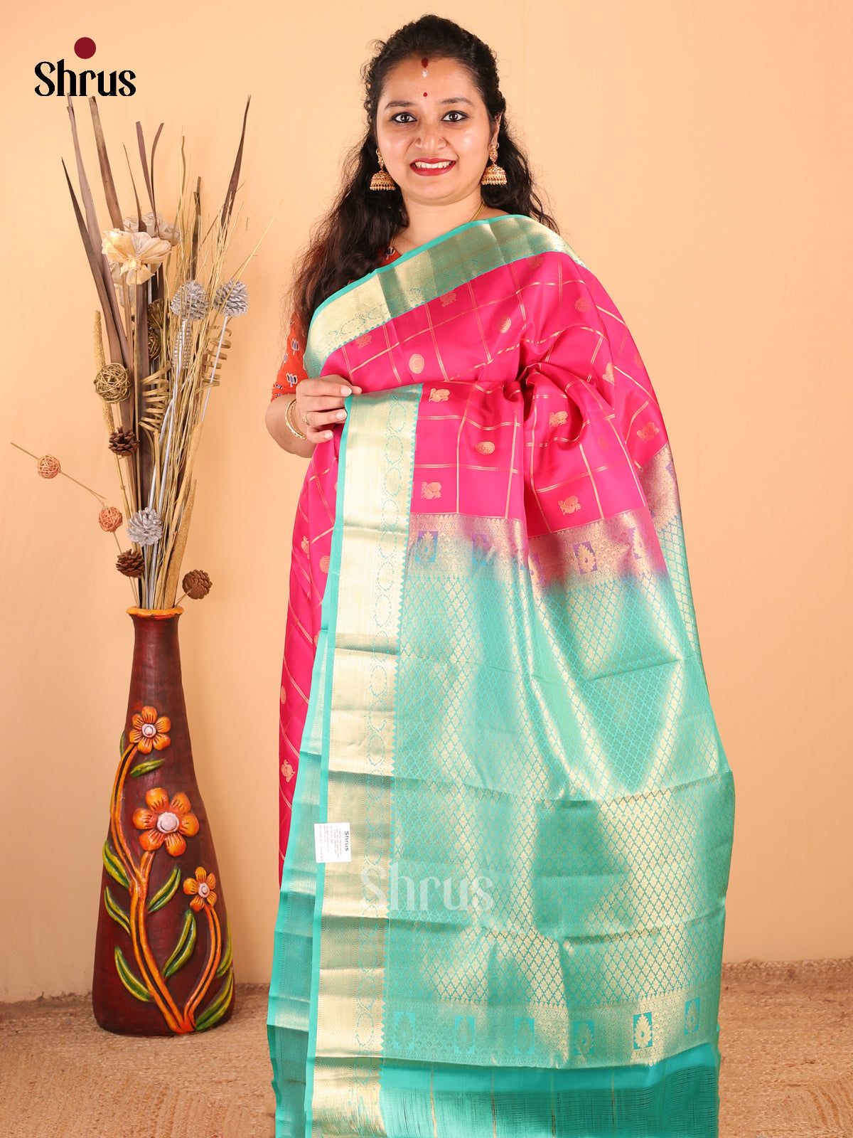 Charming Pink Kanchipuram silk Saree with intricate zari checks, floral buttas - Shop on Shrus.com