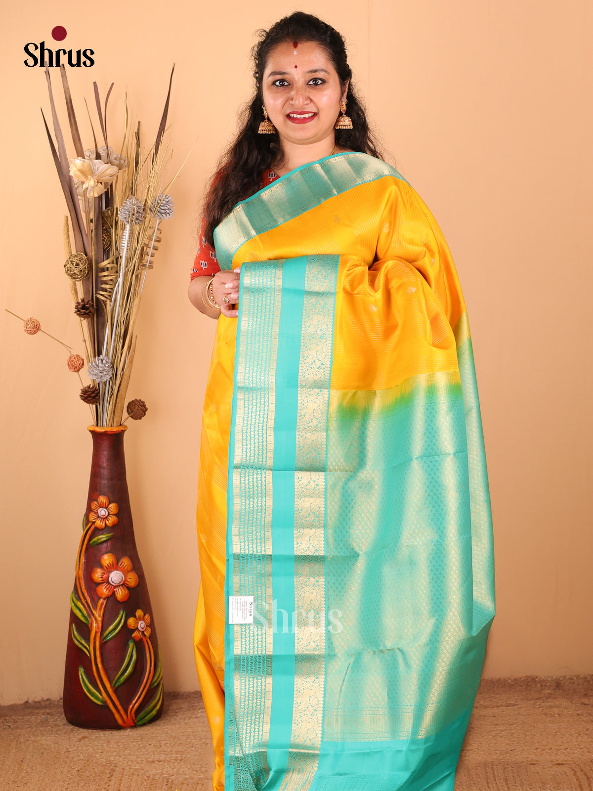 Lustrous Yellow Kanchipuram silk Saree with zari stripes , buttas , rettaipet border-1