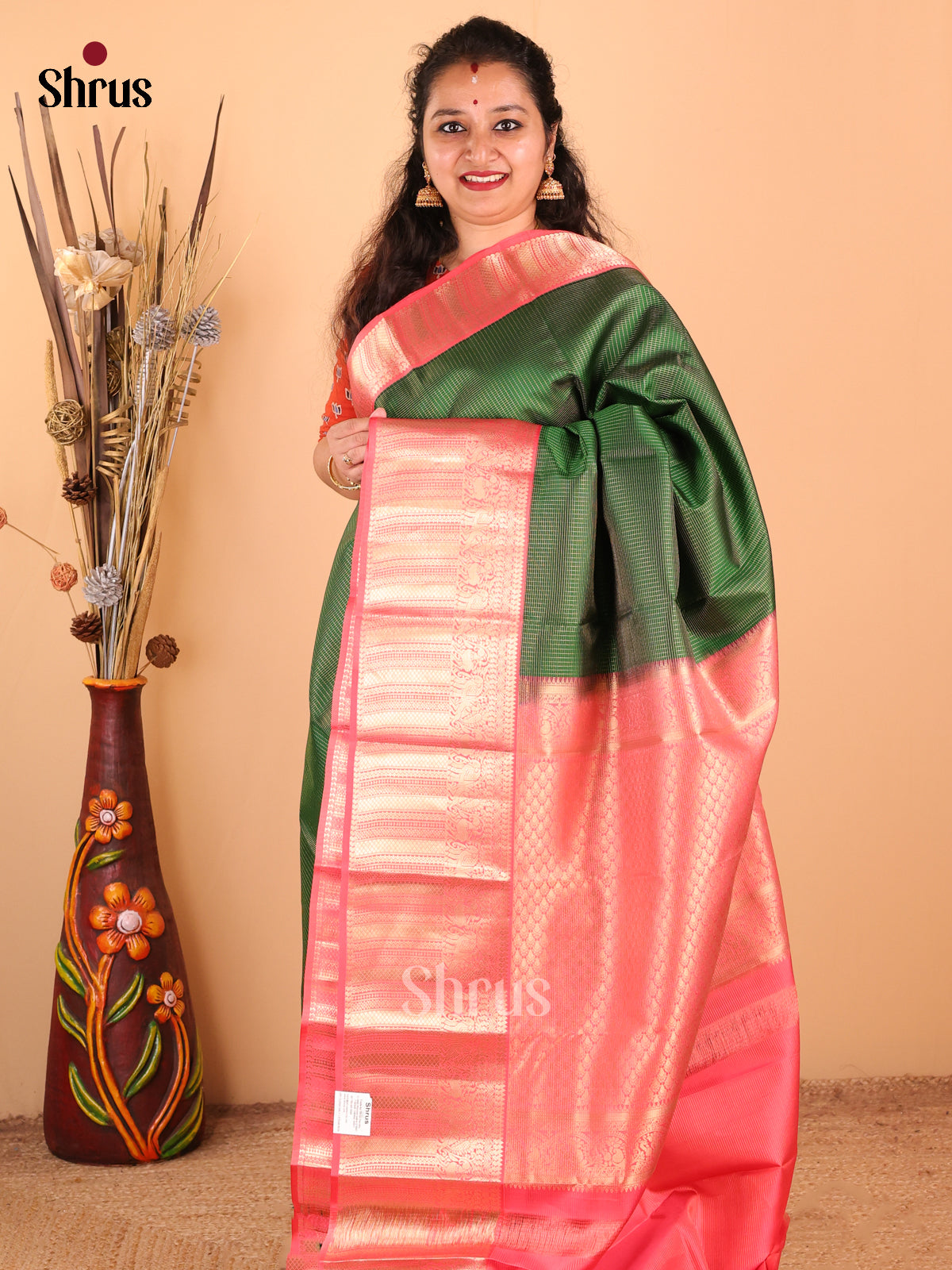 Classy Green Kanchipuram silk Saree with vaira oosi zari checks & criss cross brocade pallu - Shop on Shrus.com