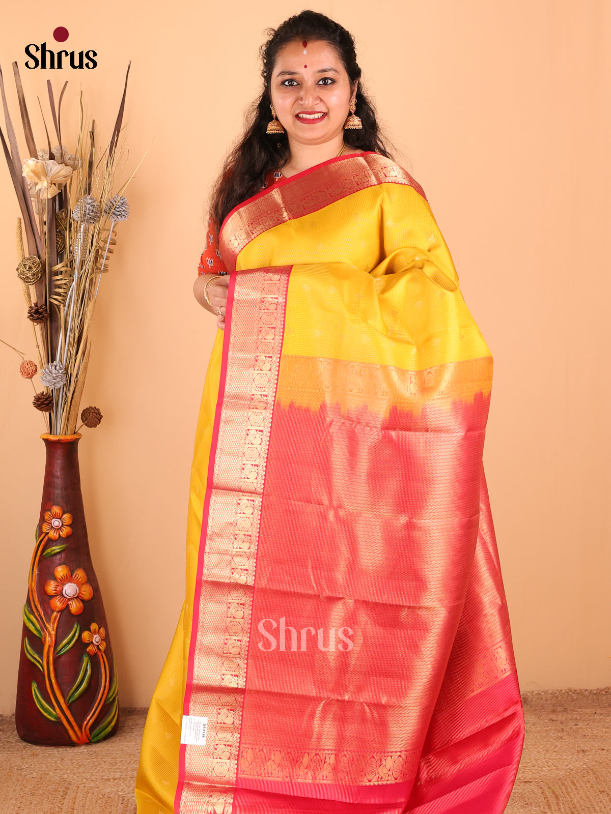 Vibrant Yellow Kanchipuram silk Saree with zari buttas ,stripes pattern - Shop on Shrus.com
