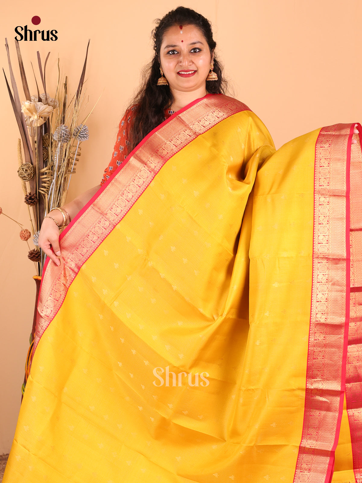 Vibrant Yellow Kanchipuram silk Saree with zari buttas ,stripes pattern - Shop on Shrus.com