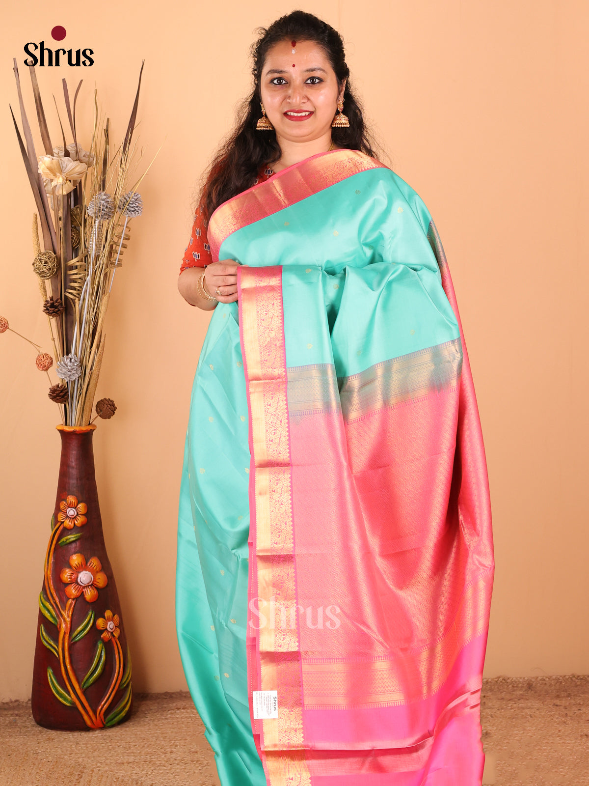 Beautiful Pastel Blue Kanchipuram silk Saree with zari buttas ,floral vines Border-1