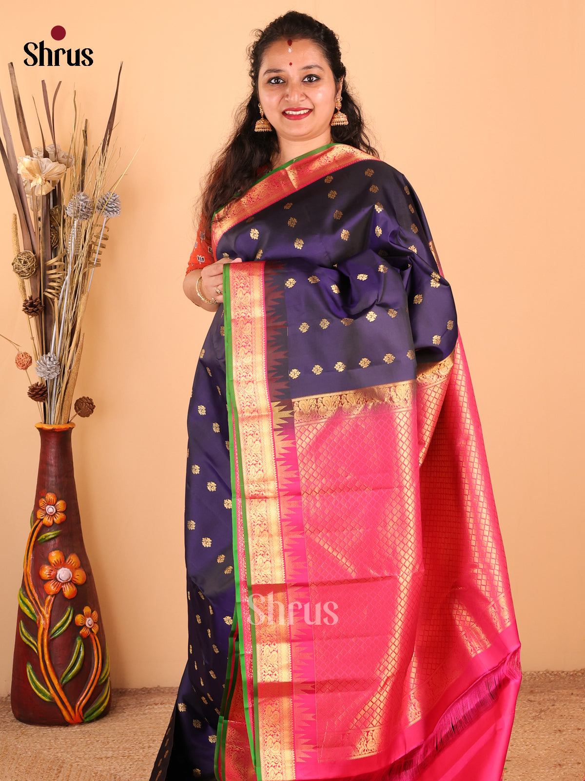 Elegant Violet Kanchipuram silk Saree with golden zari buttas, criss cross brocade pallu - Shop on Shrus.com