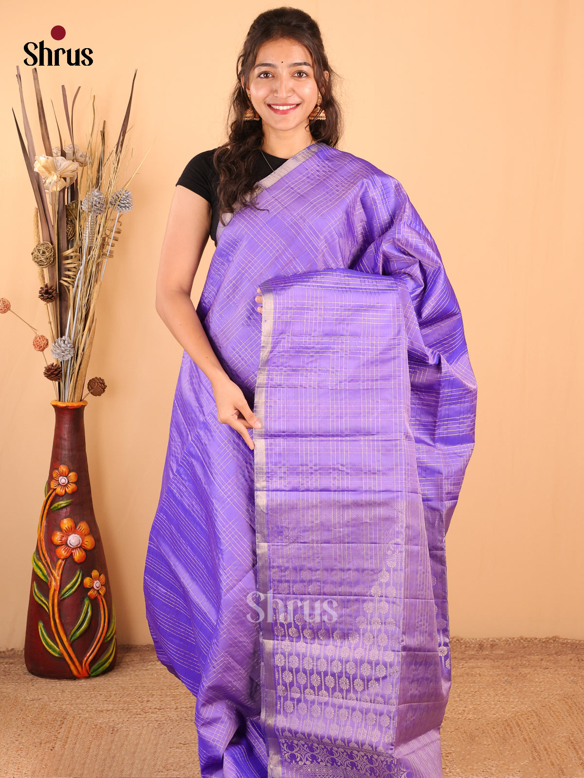 Breezy Purple Soft Silk Saree with Zari Checks, Floral Buttas And Brocade Pallu-1