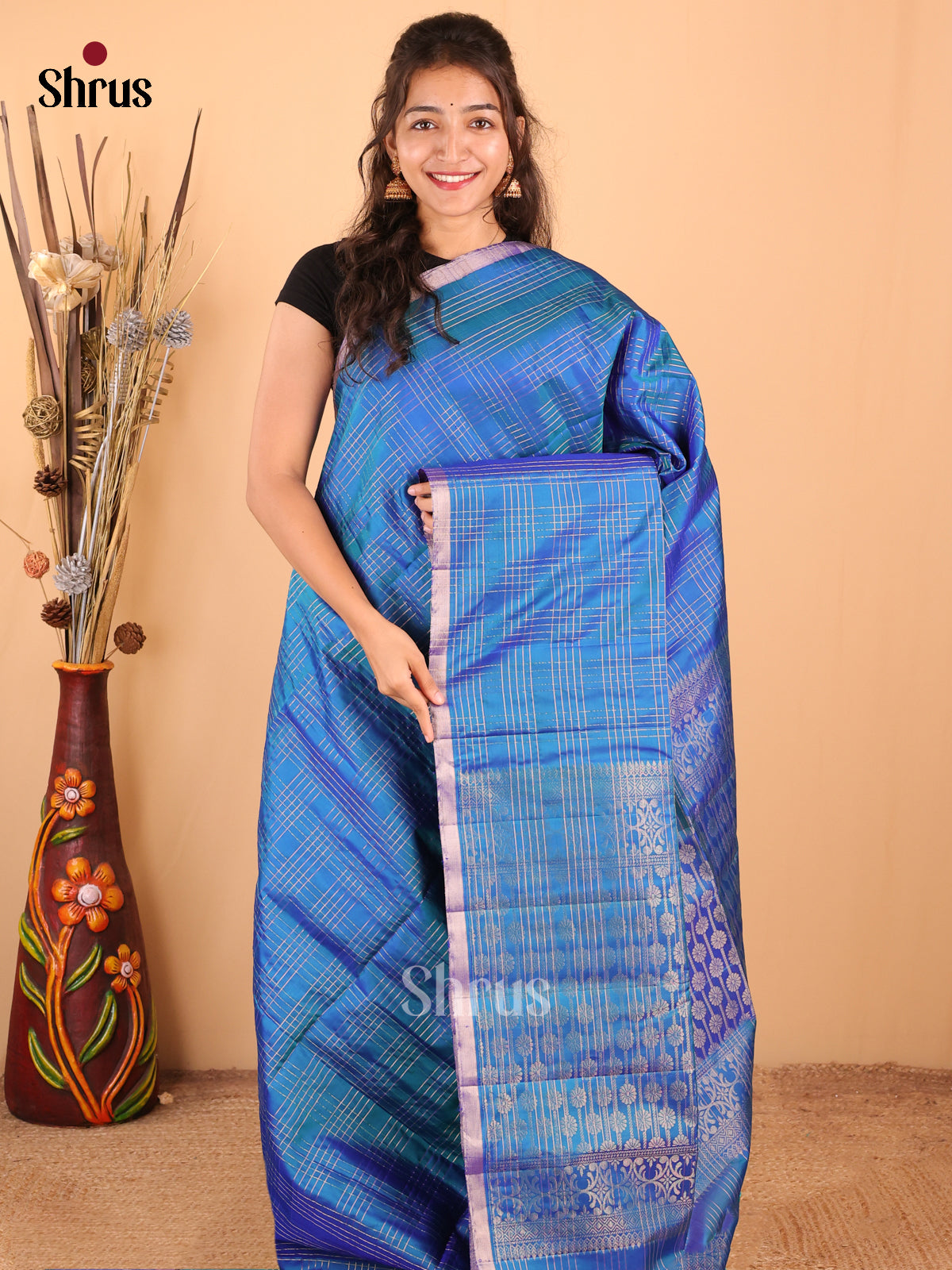 Celestial Blue Soft Silk Saree with Zari Checks And Floral Brocade Pallu-1