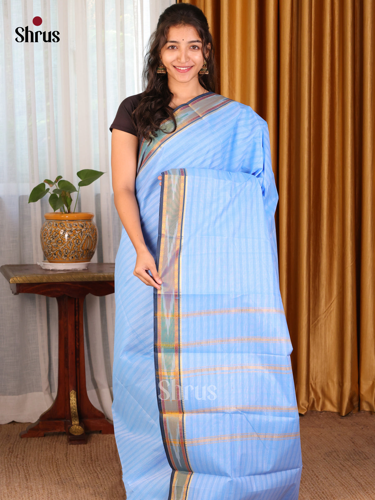 Pastel Blue with Blue - DDS18013 - South Cotton Saree - Shop on Shrus.com