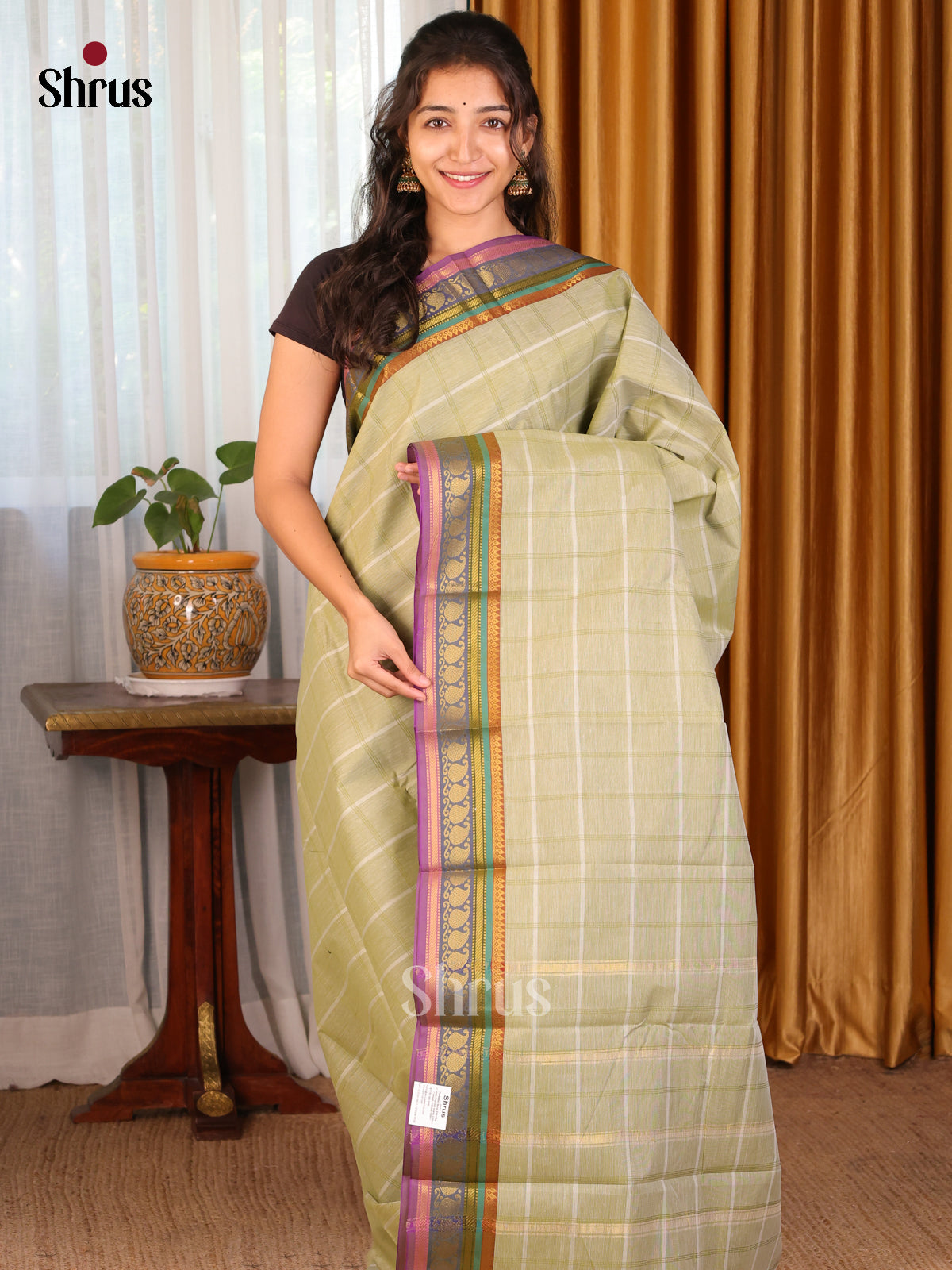 Pastel Green with Purple - DDS18016 - South Cotton Saree - Shop on Shrus.com