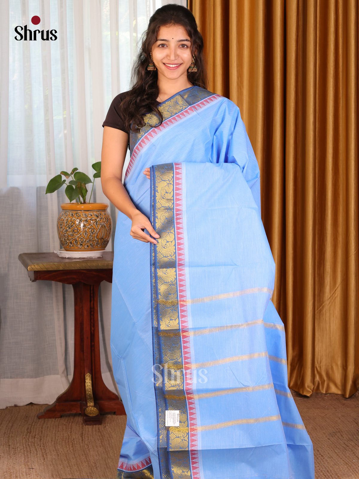 Lite blue with Blue - DDS18019 - South Cotton Saree - Shop on Shrus.com