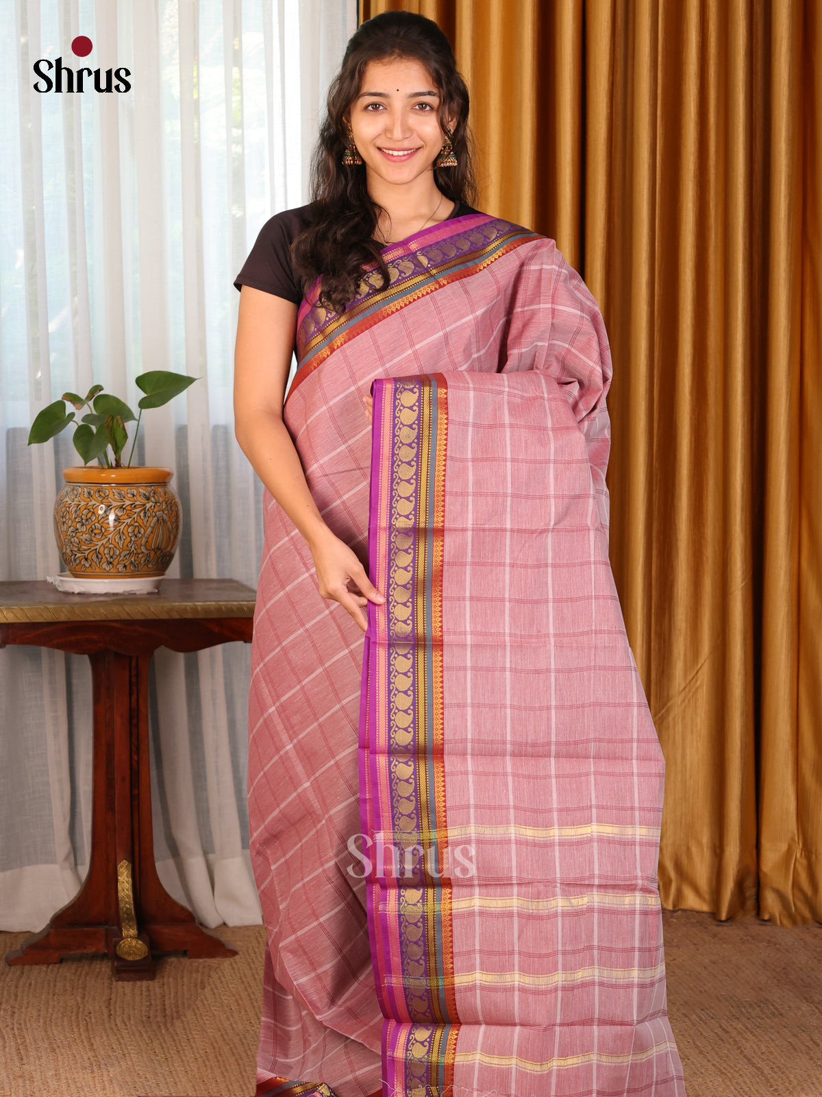Onion Pink with Purple - DDS18020 - South Cotton Saree - Shop on Shrus.com