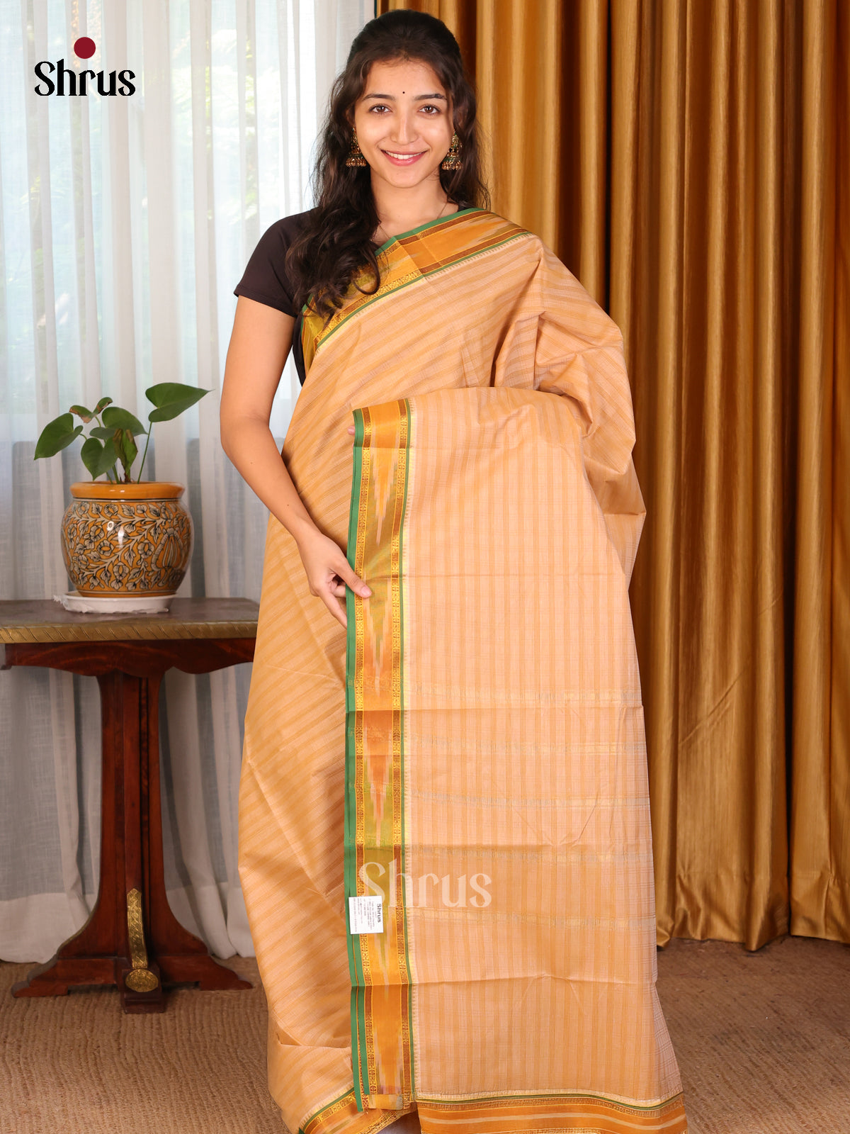 Peach with Green - DDS18027 - South Cotton Saree - Shop on Shrus.com