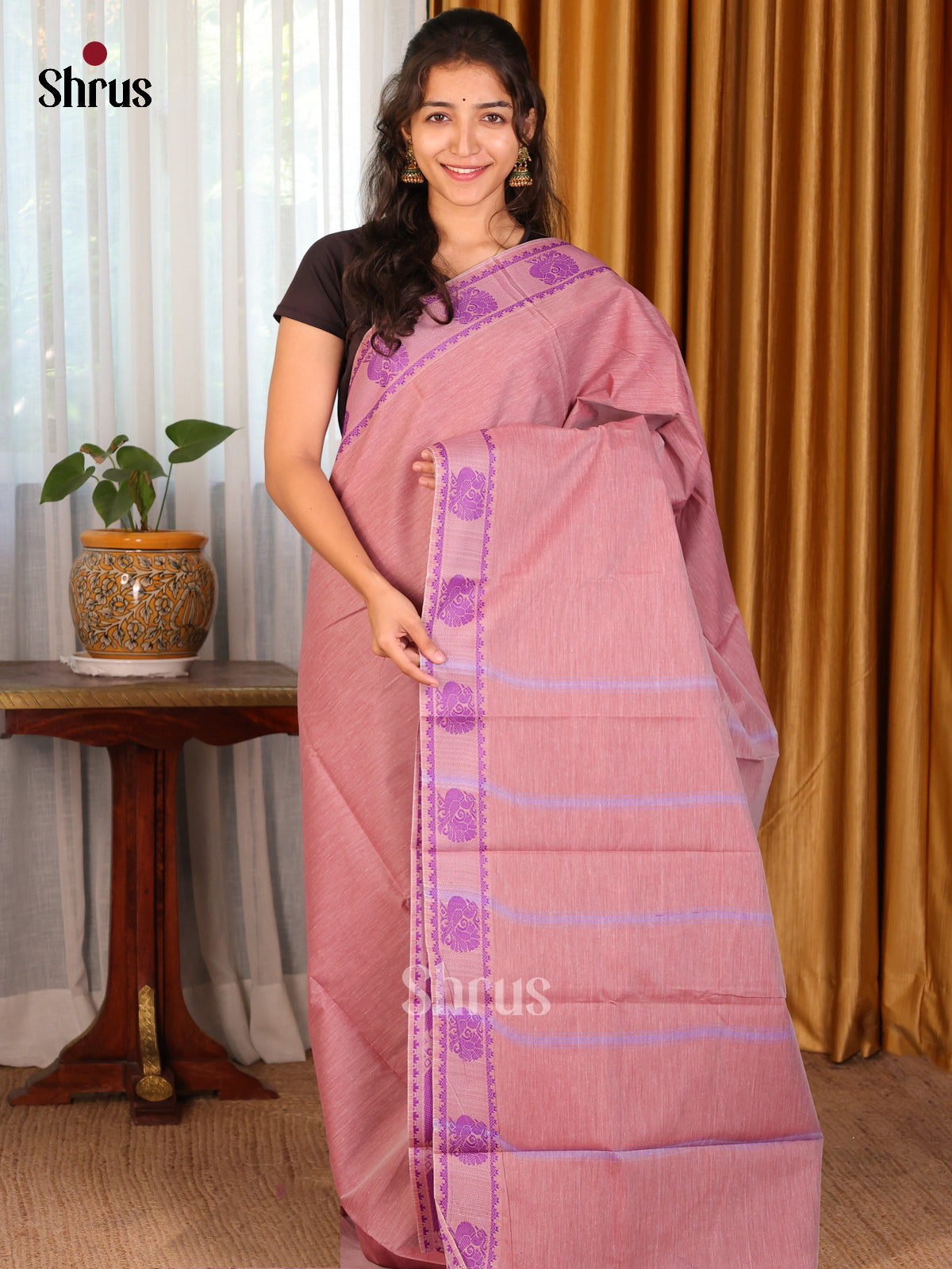 Dusty Pink with Purple - DDS18036 - South Cotton Saree - Shop on Shrus.com