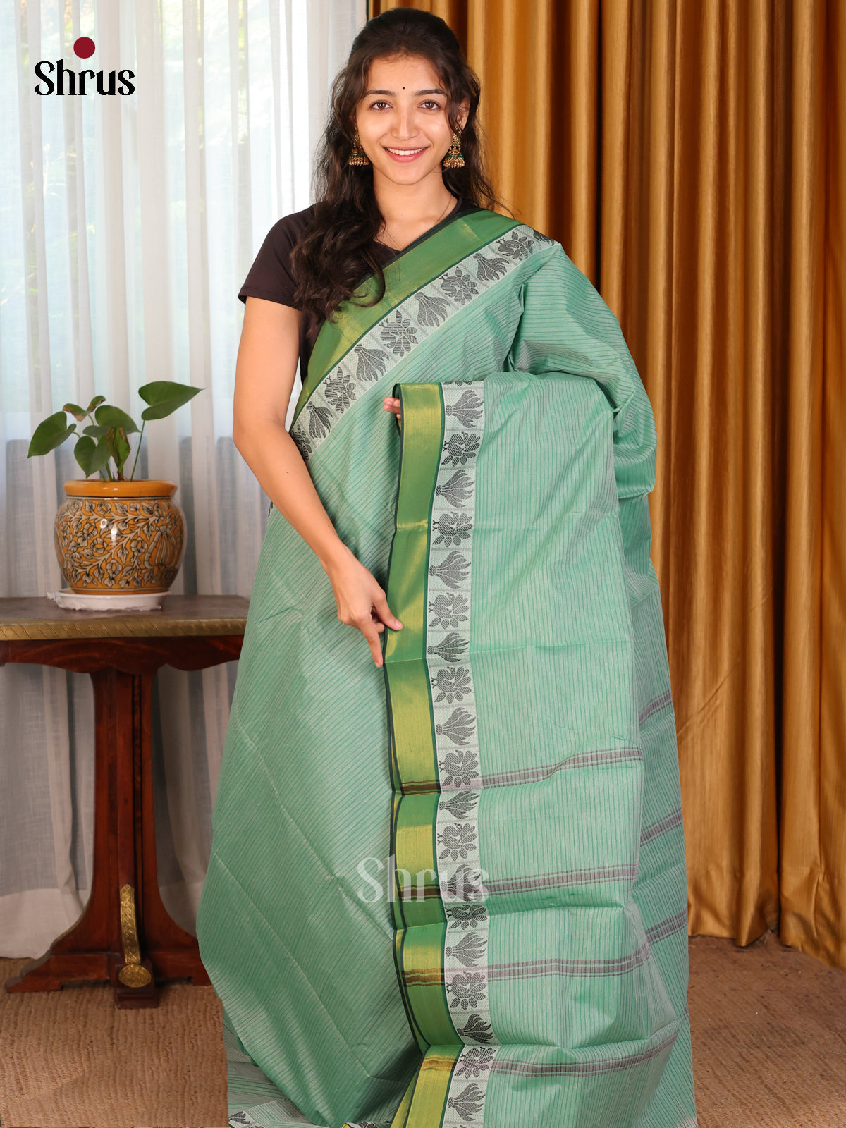 Pastel Green with Green - DDS18047 - South Cotton Saree - Shop on Shrus.com
