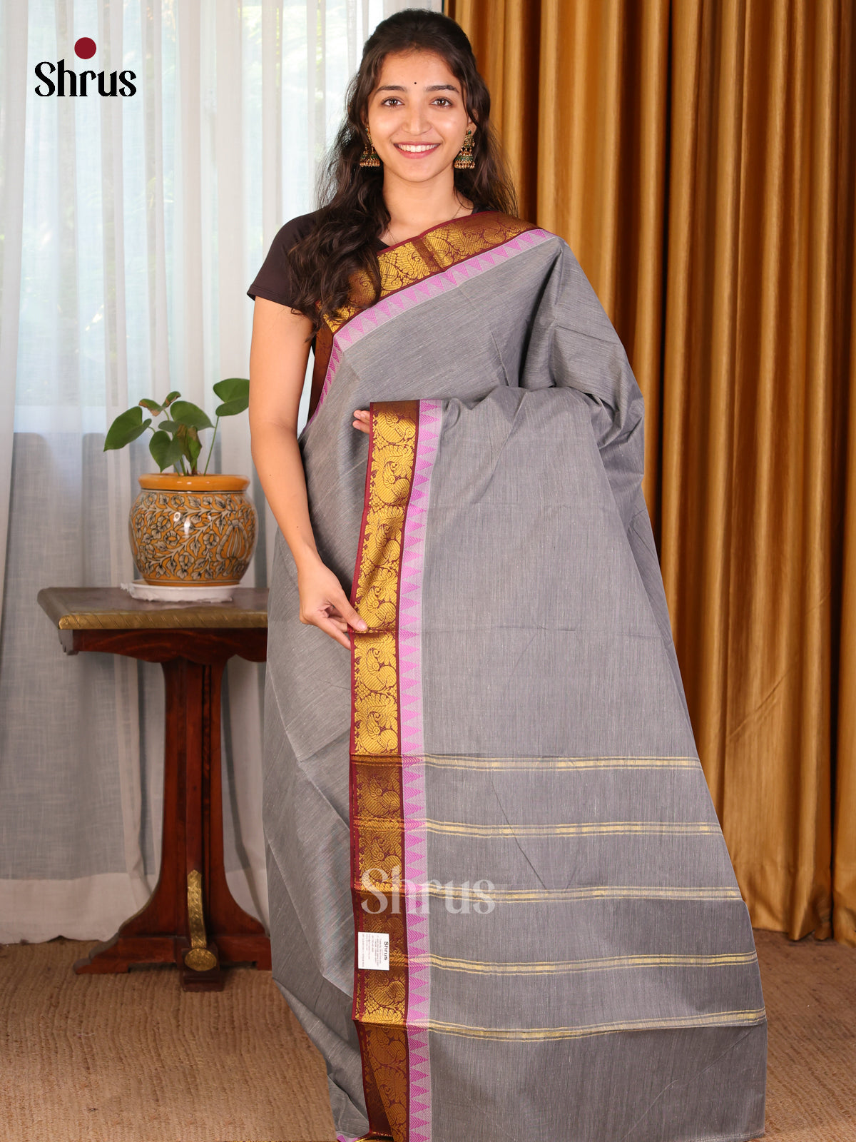 Grey with Maroon - DDS18050 - South Cotton Saree - Shop on Shrus.com