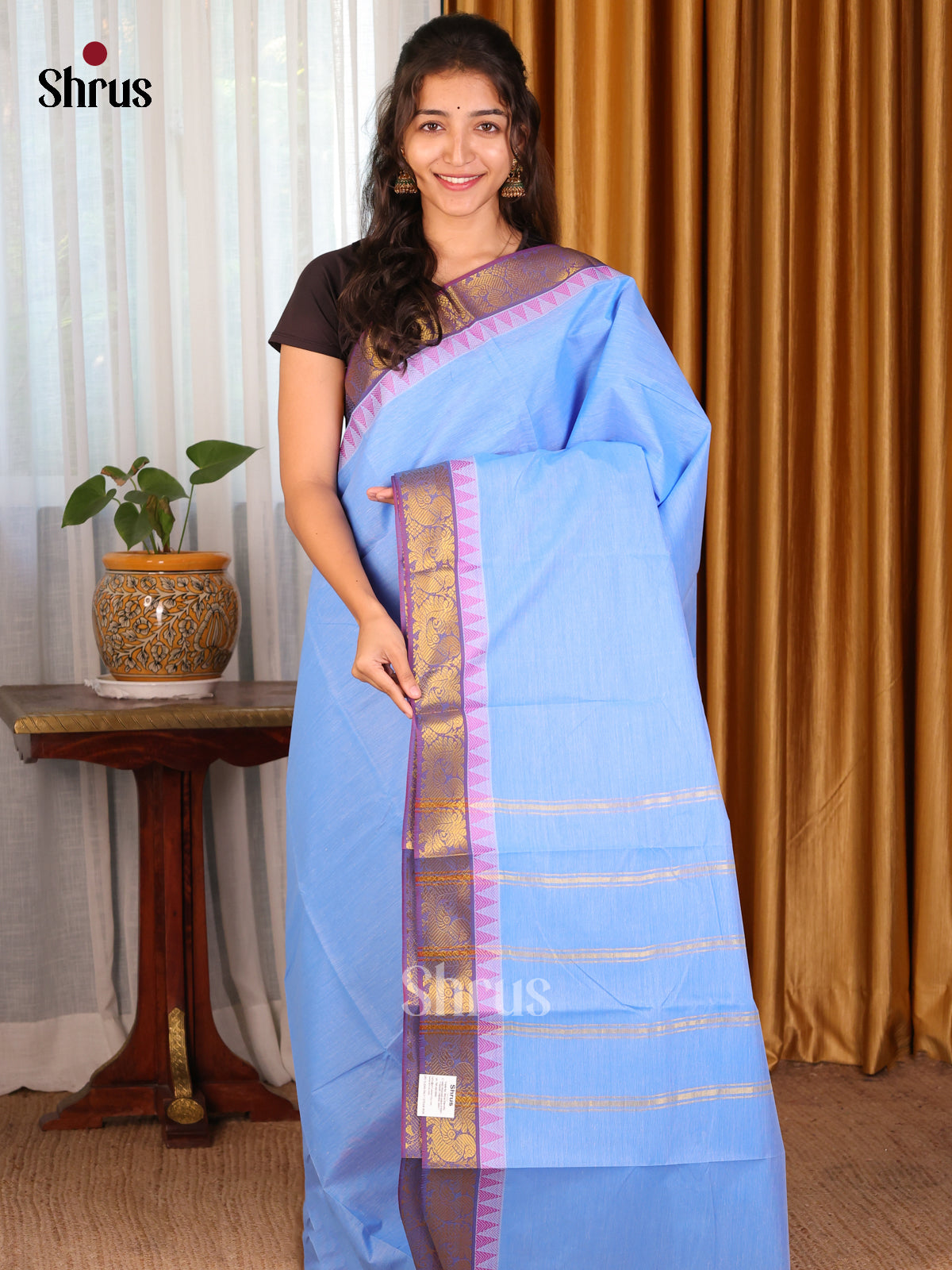 Blue with Purple - DDS18058 - South Cotton Saree - Shop on Shrus.com