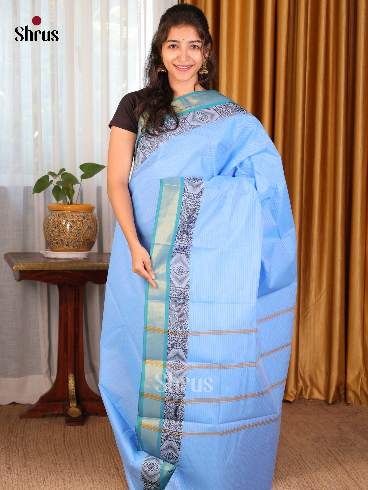Lite Blue with Teal - DDS18059 - South Cotton Saree - Shop on Shrus.com