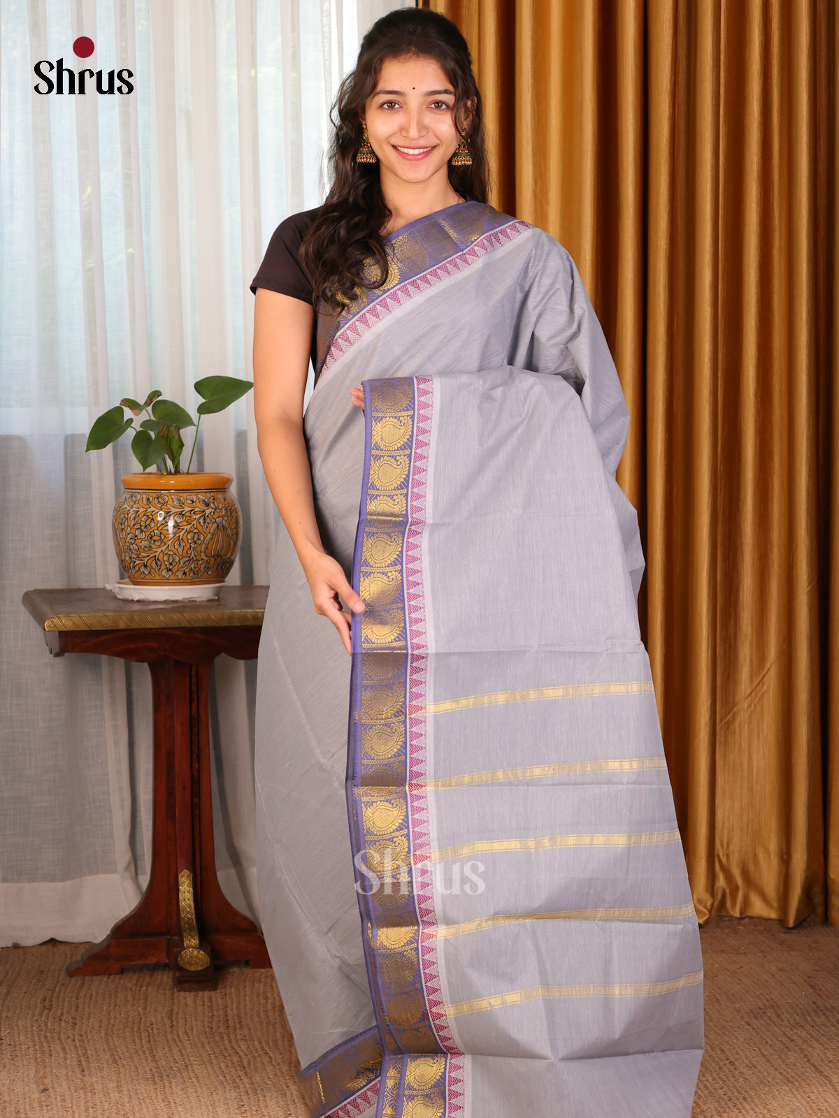 Grey with Purple - DDS18062 - South Cotton Saree - Shop on Shrus.com