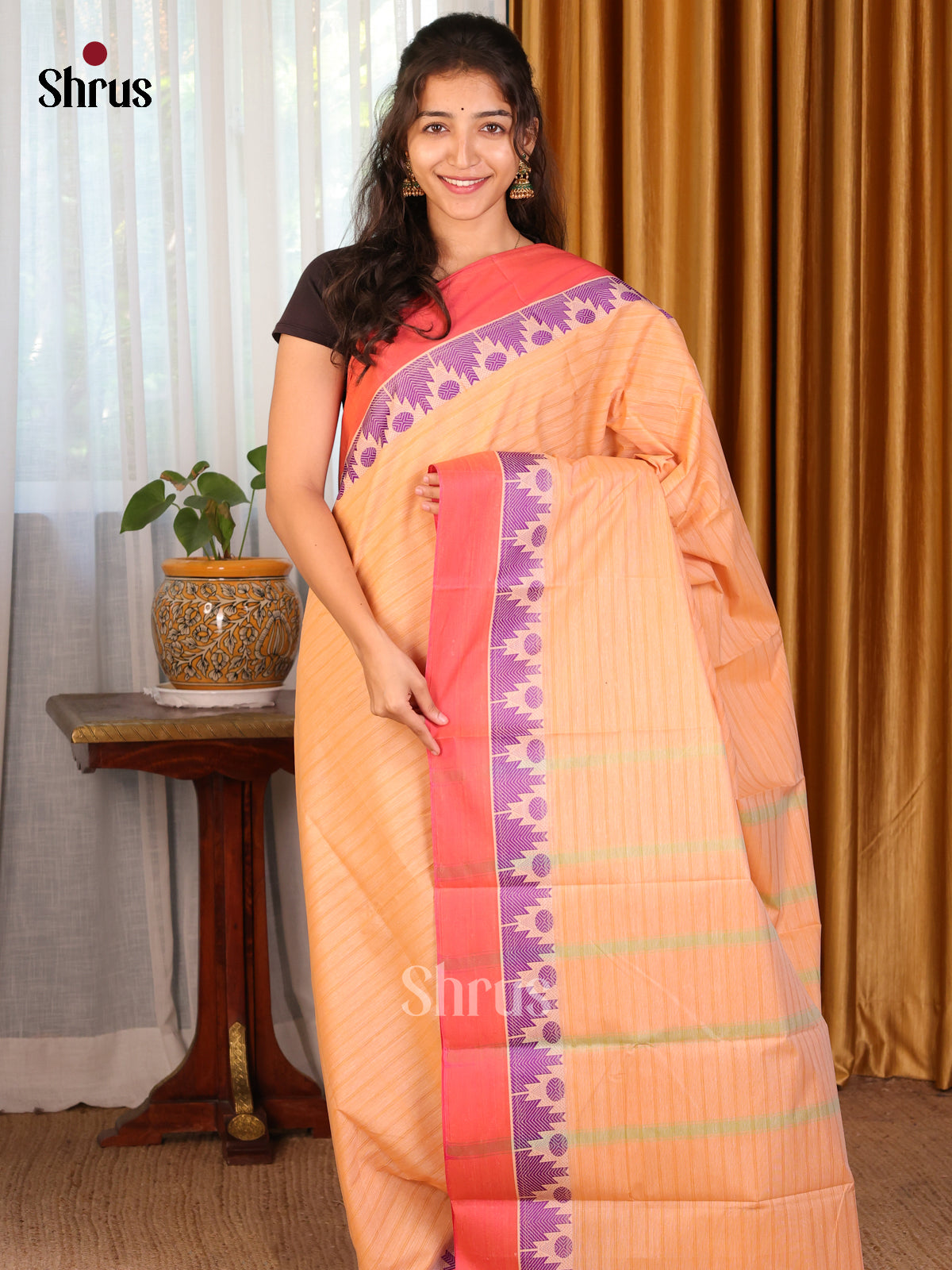 Peach with Orange - DDS18067 - South Cotton Saree - Shop on Shrus.com