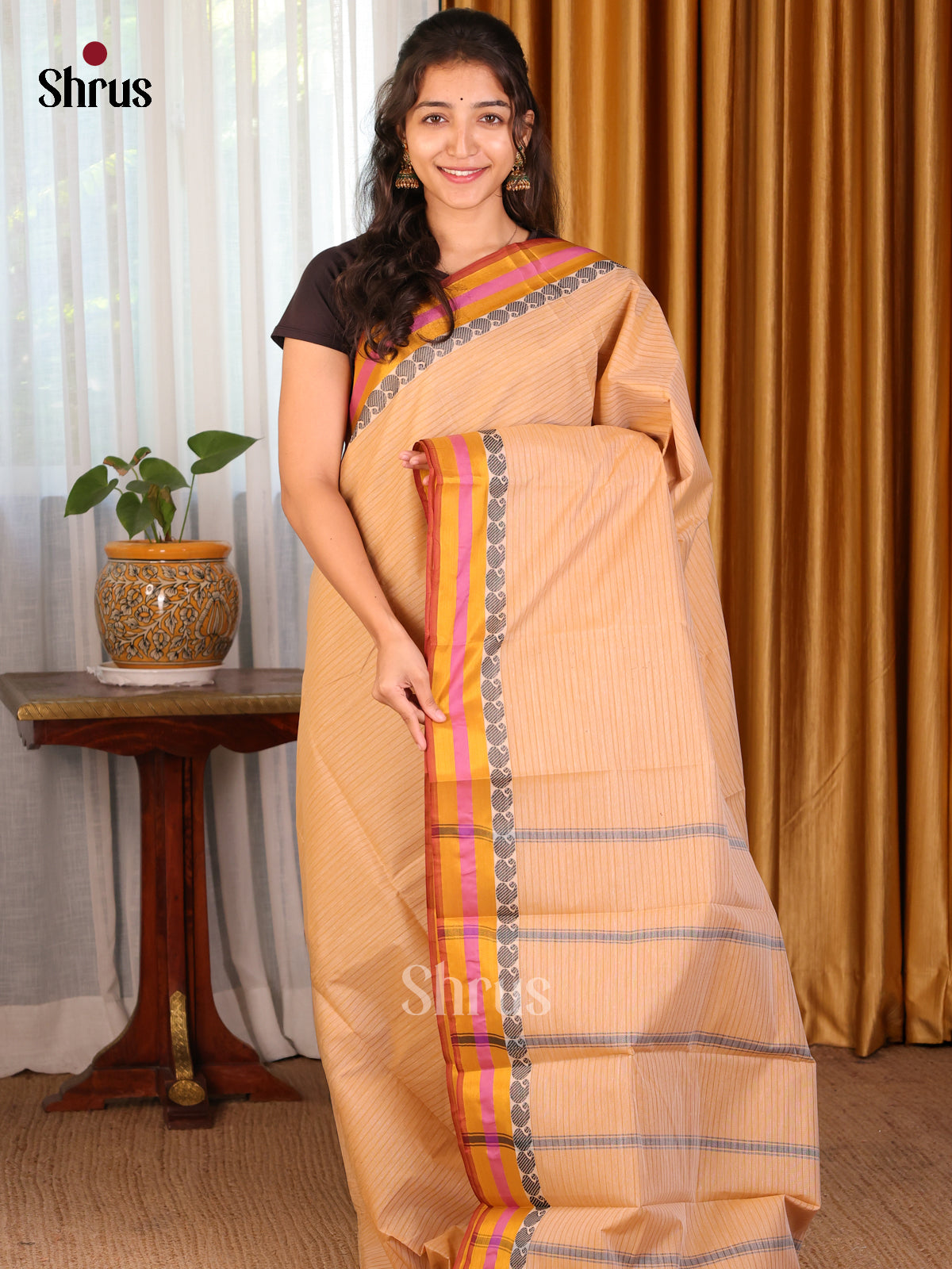 Peach with Brown - DDS18069 - South Cotton Saree - Shop on Shrus.com