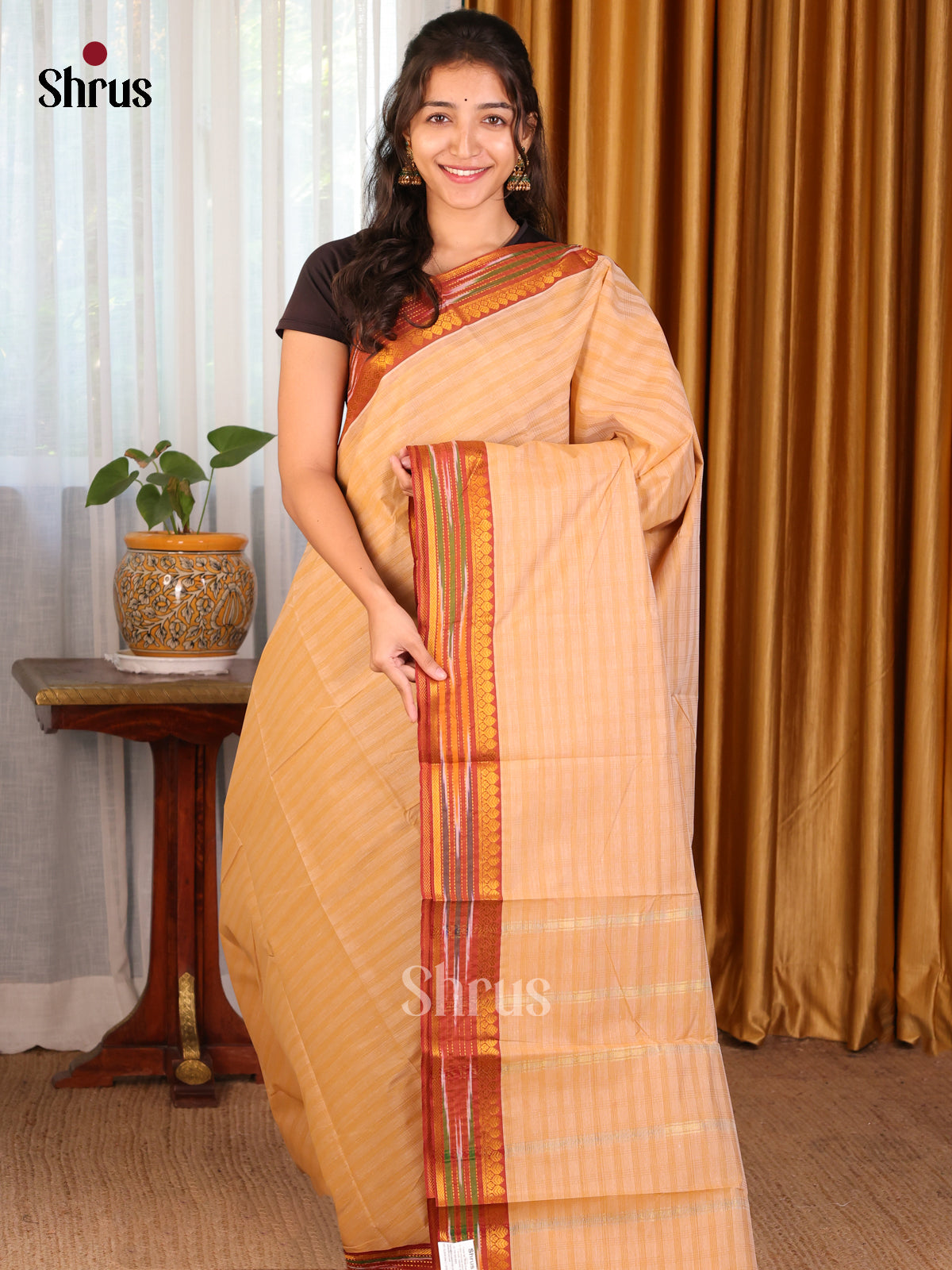Peach with Maroon- DDS18078 - South Cotton Saree - Shop on Shrus.com