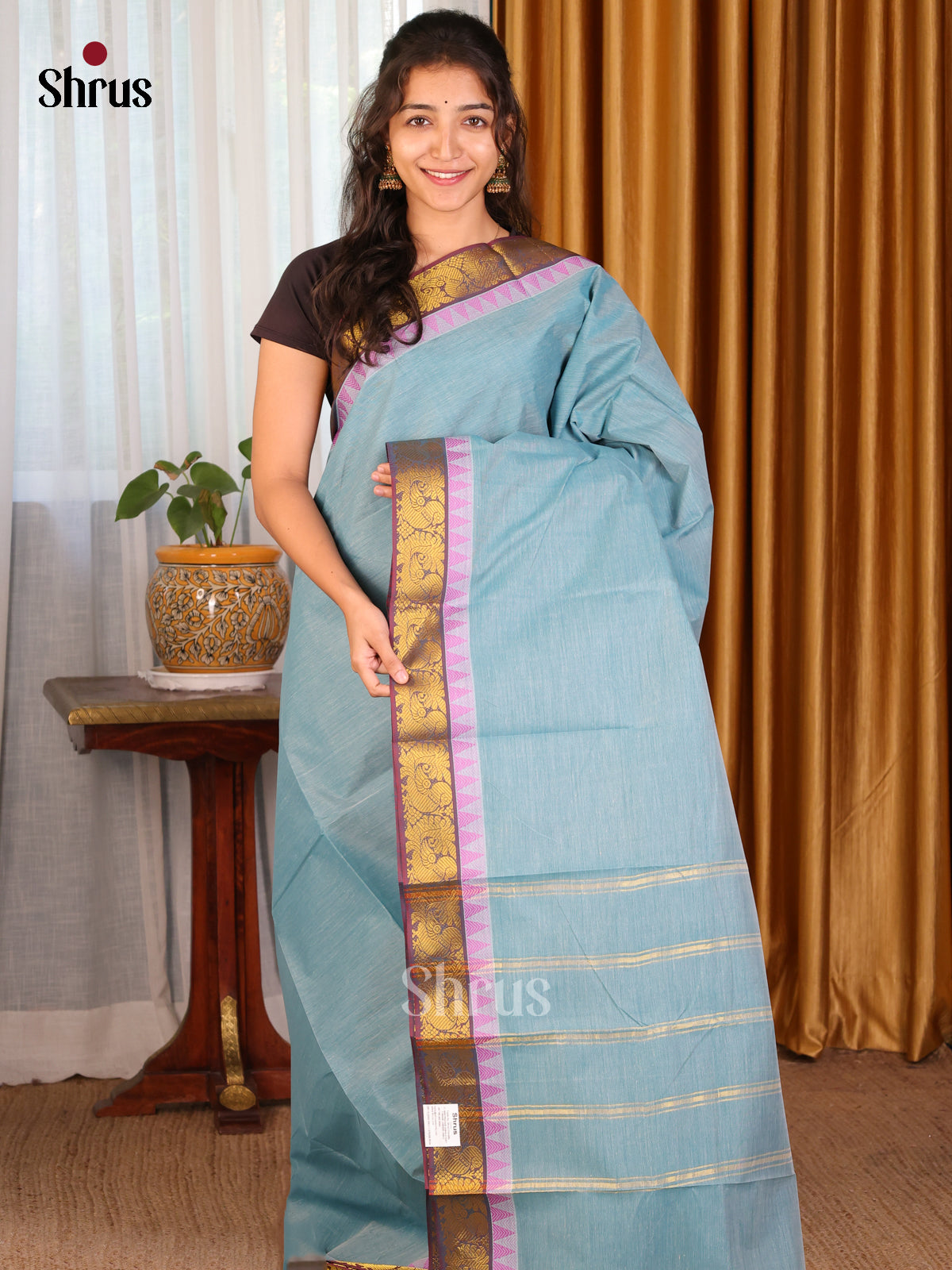 Blue with Purple - DDS18080 - South Cotton Saree - Shop on Shrus.com