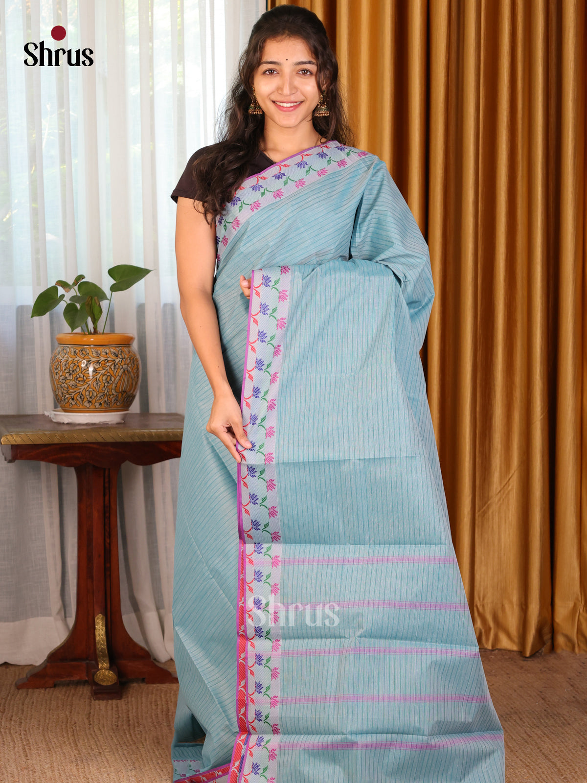 Blue with Purple - DDS18086 - South Cotton Saree - Shop on Shrus.com