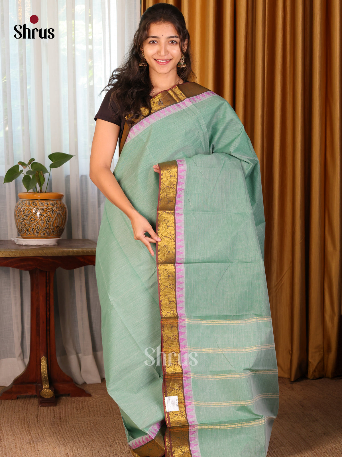 Pastel Green with Maroon - DDS18088 - South Cotton Saree - Shop on Shrus.com