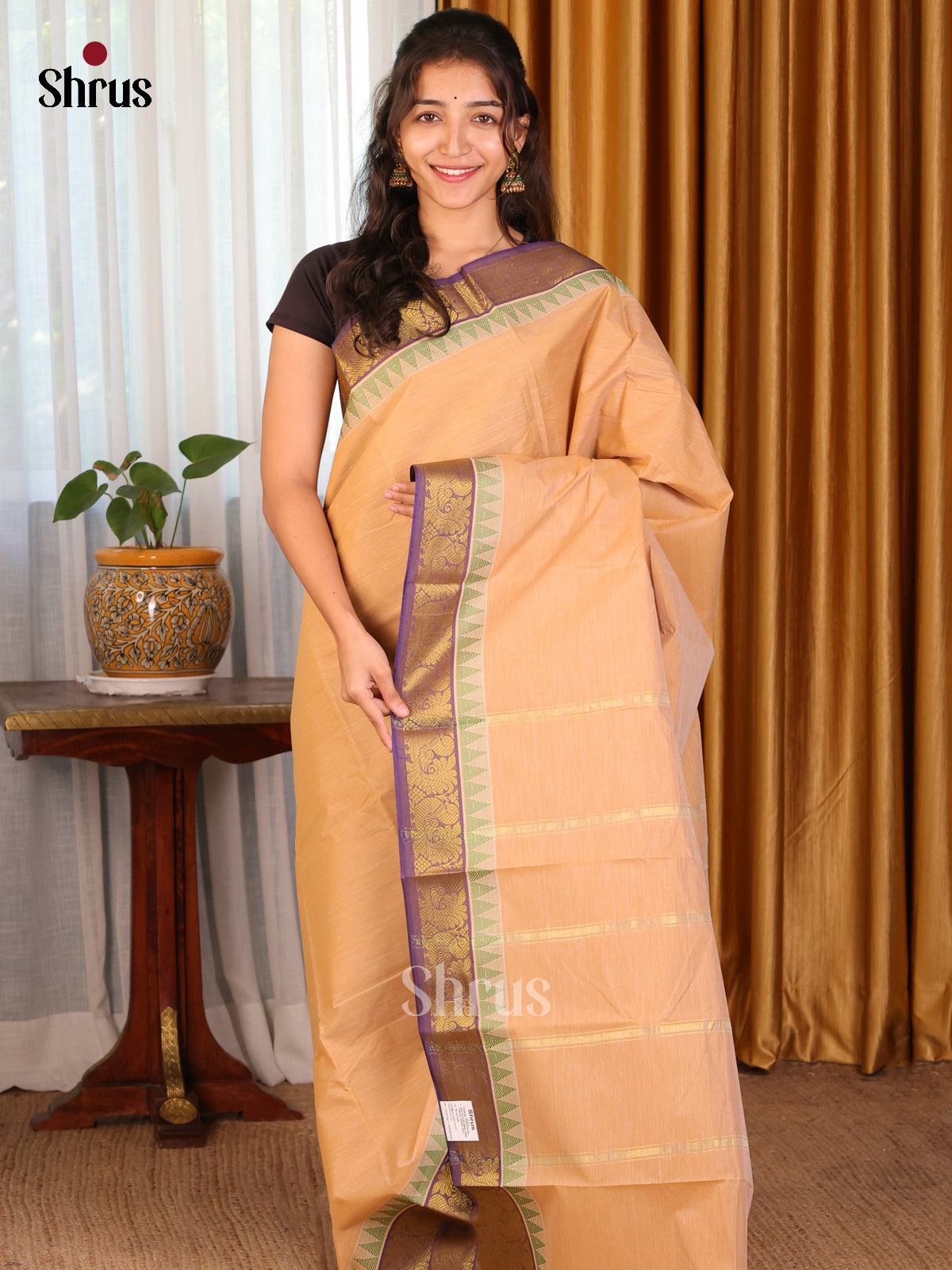 Peach with Violet - DDS18089 - South Cotton Saree - Shop on Shrus.com
