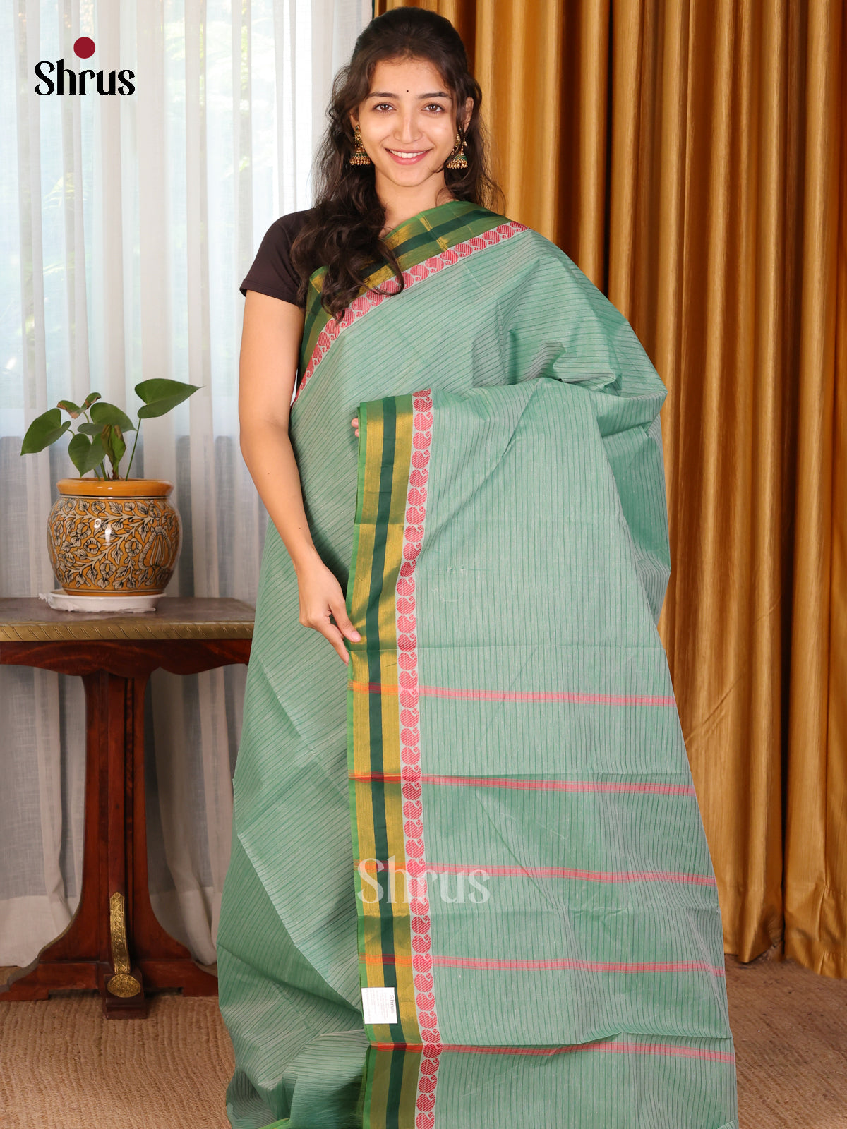 Pastel Green with Green - DDS18094 - South Cotton Saree - Shop on Shrus.com