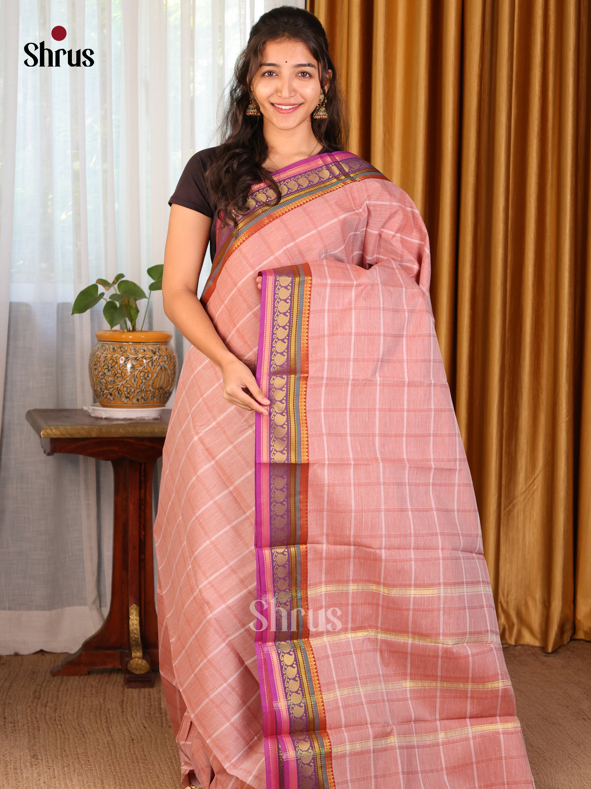 Pink with Purple - DDS18095 - South Cotton Saree - Shop on Shrus.com