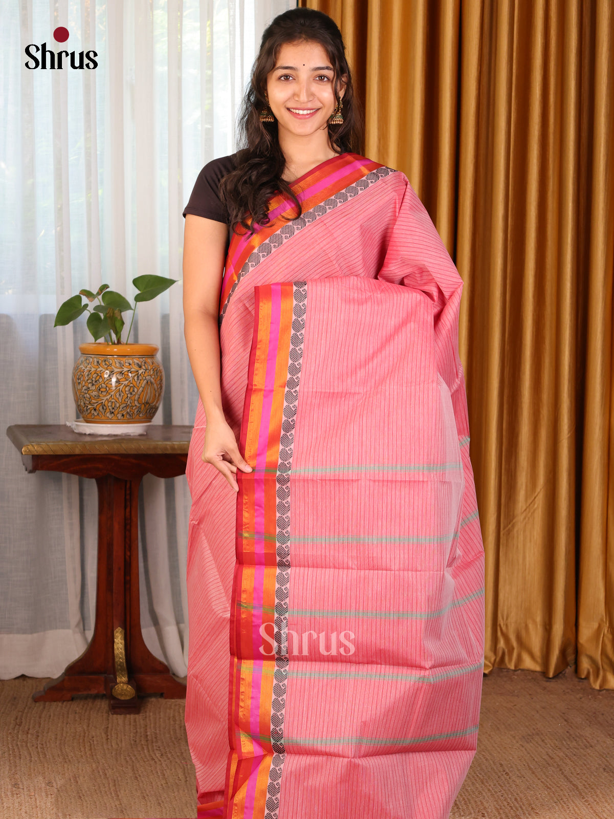 Pink with Red - DDS18096 - South Cotton Saree - Shop on Shrus.com
