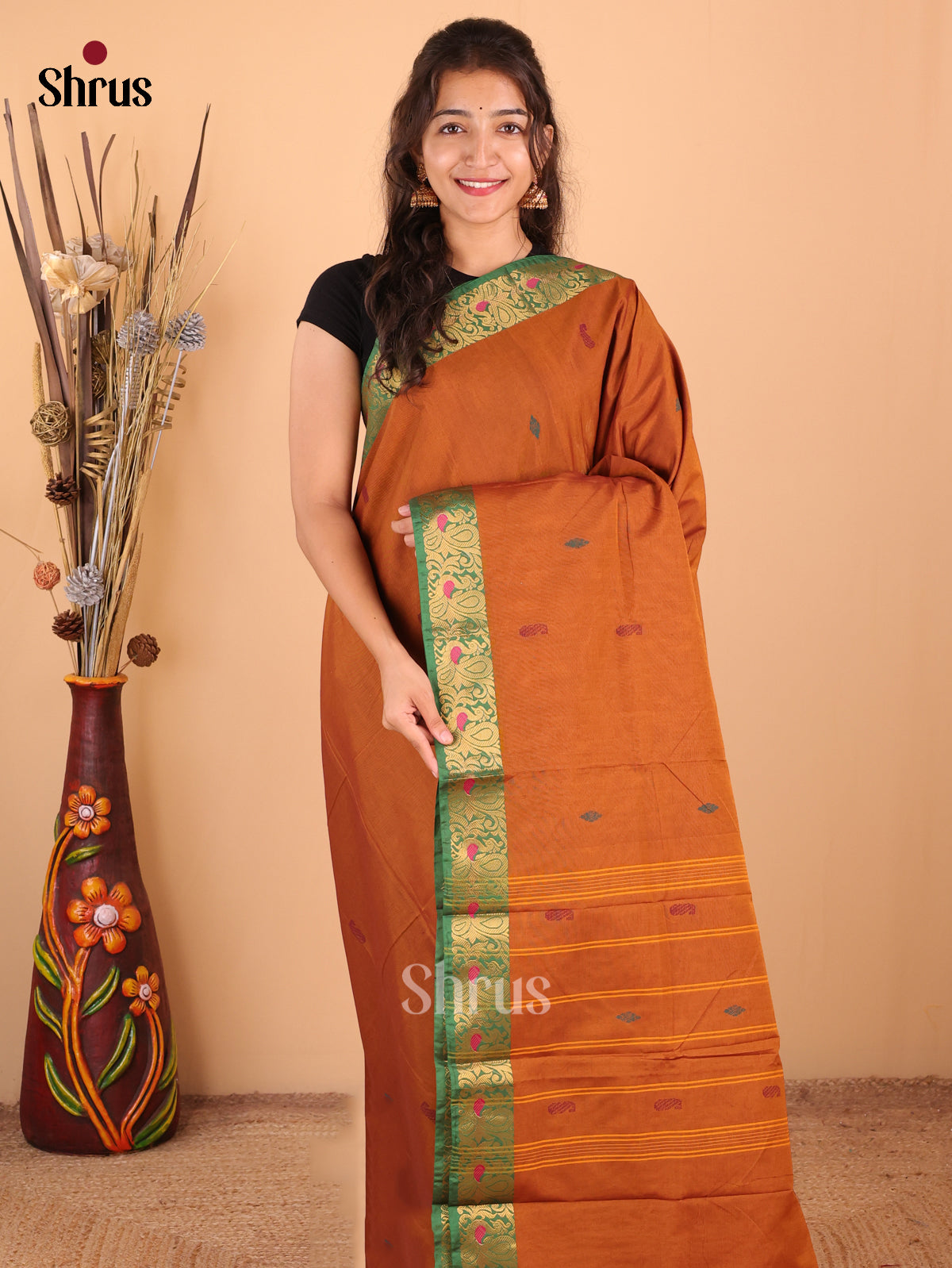 Brown with Green - DDS18123 - Chettinad Mix Cotton Saree - Shop on Shrus.com