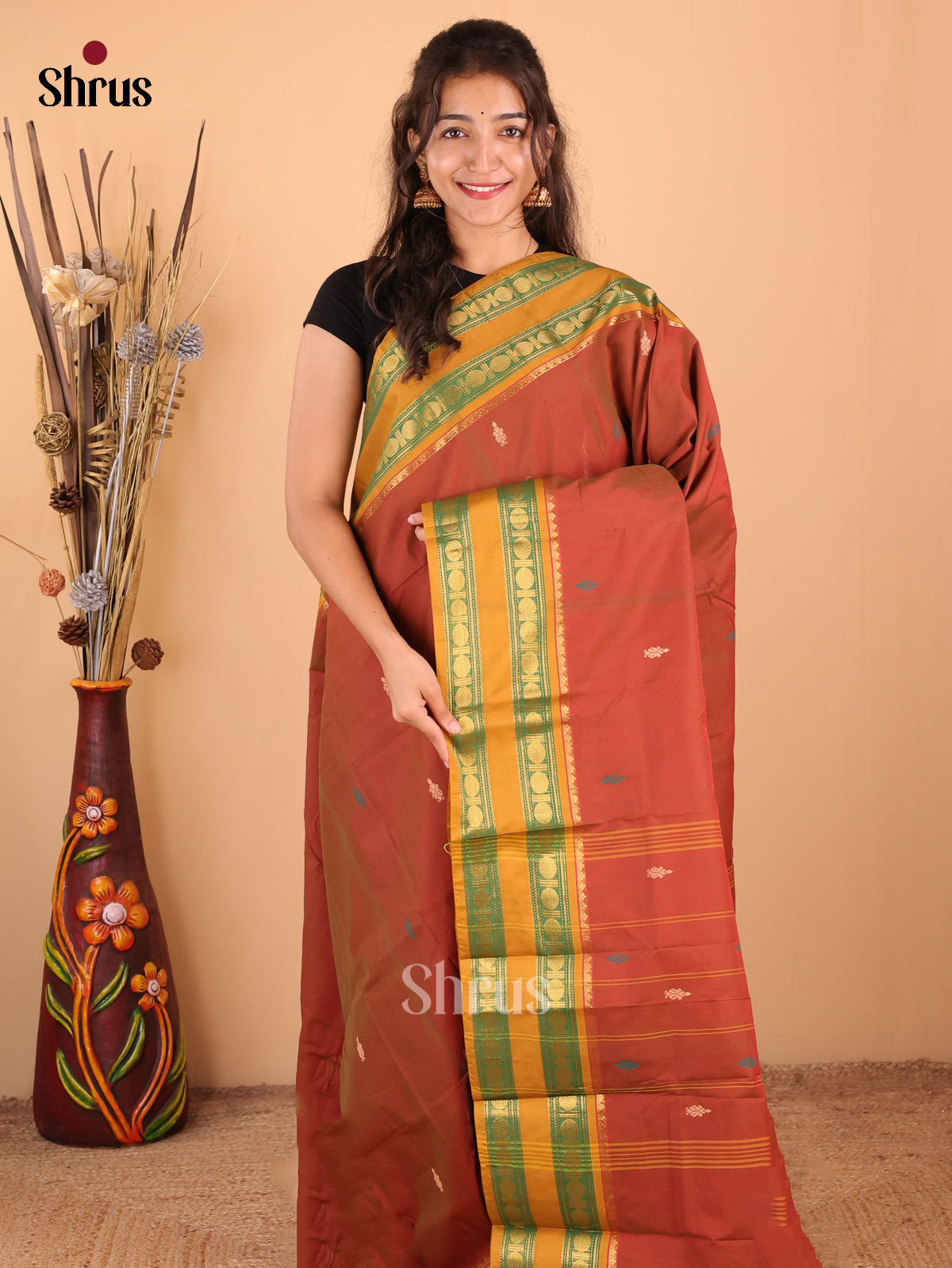 Brown with Mustard - DDS18124 - Chettinad Mix Cotton Saree - Shop on Shrus.com