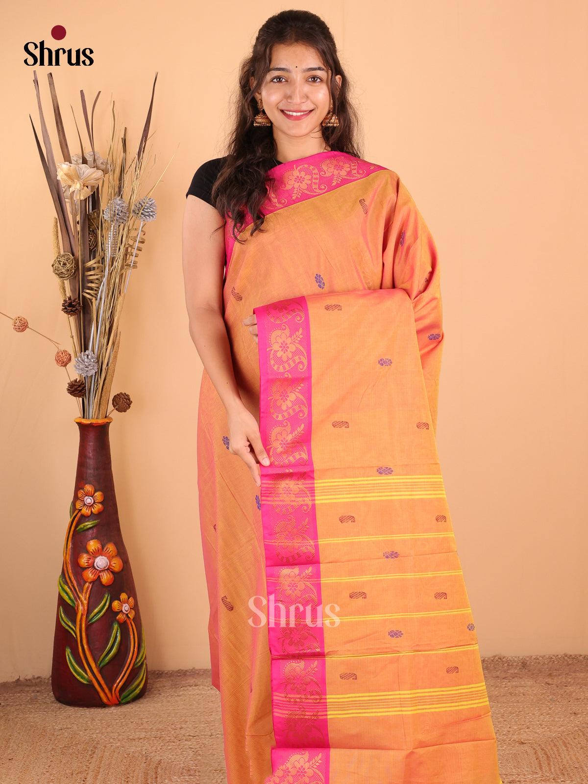 Orange with Pink - DDS18127 - Chettinad Mix Cotton Saree - Shop on Shrus.com