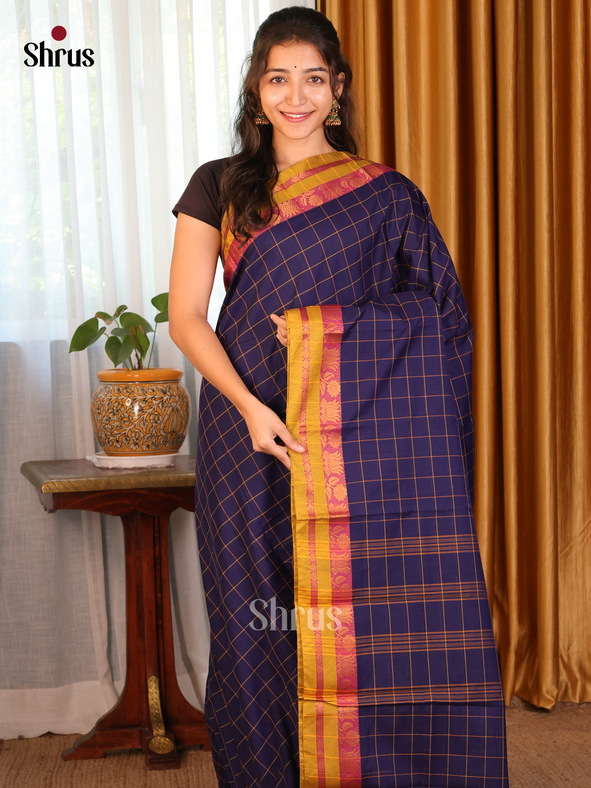 Blue with Green - DDS18134 - Chettinad Mix Cotton Saree - Shop on Shrus.com