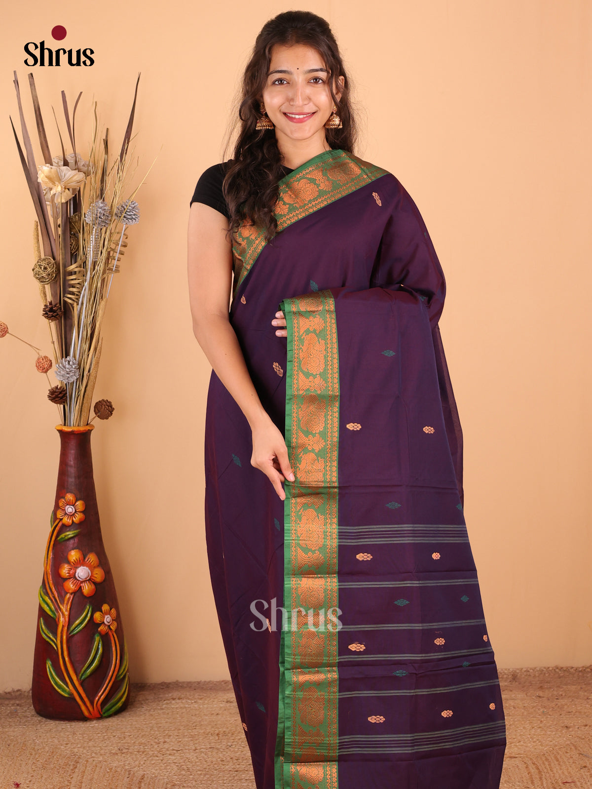 Violet with Green - DDS18138 - Chettinad Mix Cotton Saree - Shop on Shrus.com