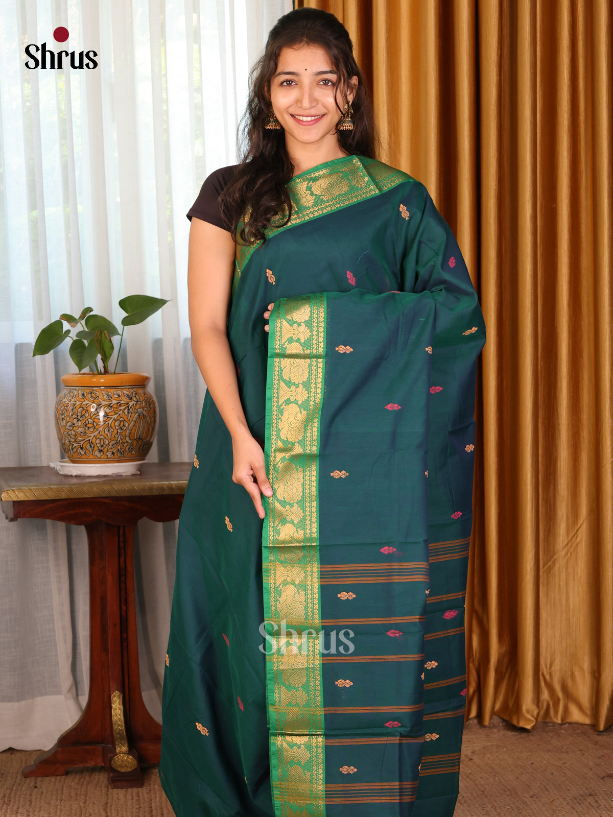 Peacock Green with Green - DDS18140 - Chettinad Mix Cotton Saree - Shop on Shrus.com