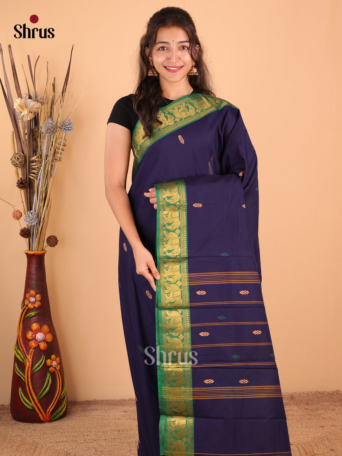 Blue with Green - DDS18141 - Chettinad Mix Cotton Saree - Shop on Shrus.com