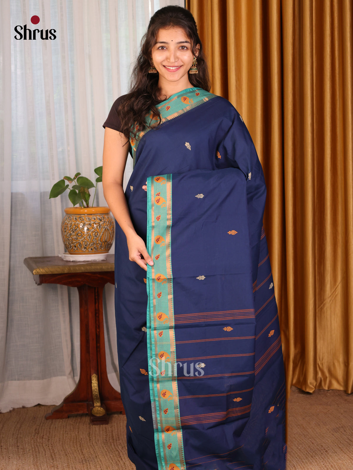 Dark Blue with Teal - DDS18142 - Chettinad Mix Cotton Saree - Shop on Shrus.com