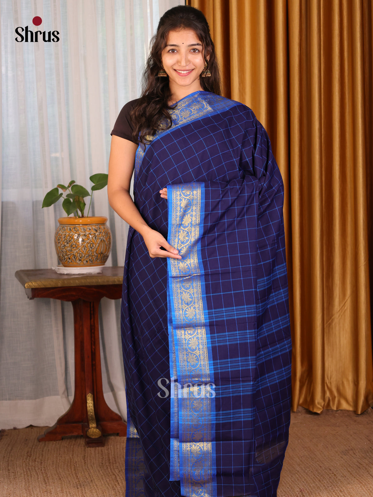 Navy Blue with Blue - DDS18148 - Chettinad Mix Cotton Saree - Shop on Shrus.com