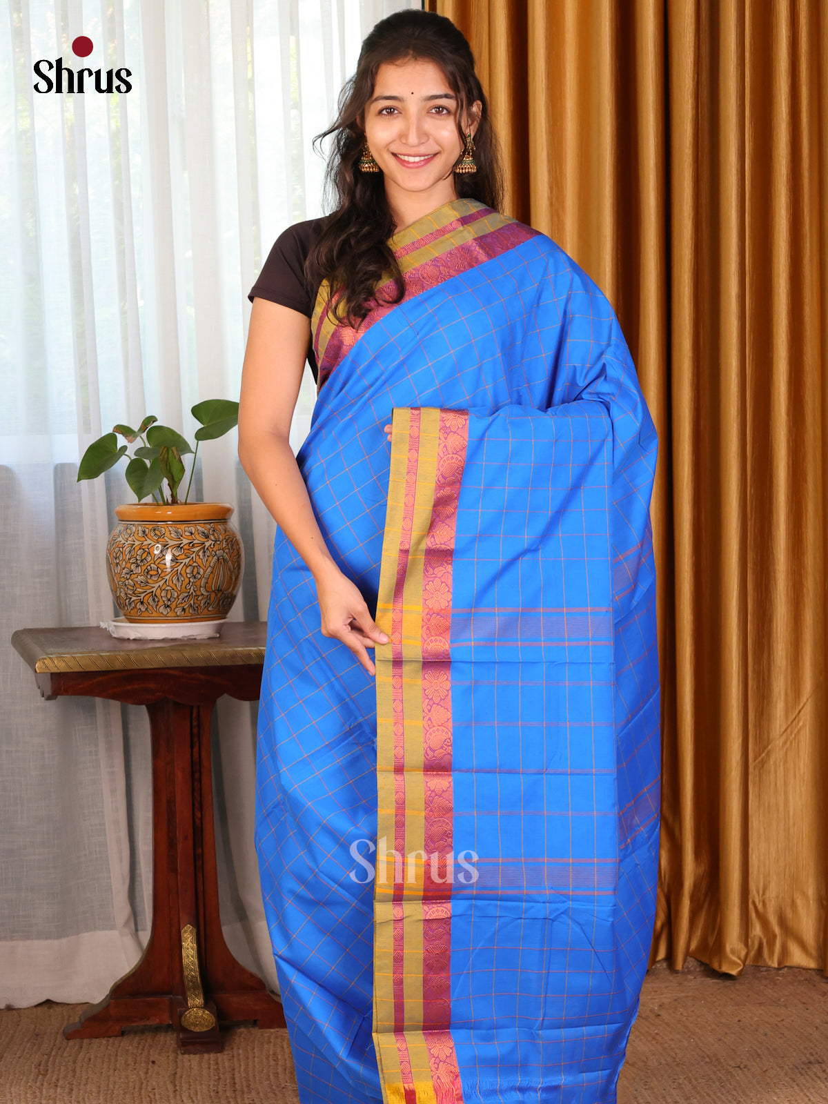 Blue with Green - DDS18151 - Chettinad Mix Cotton Saree - Shop on Shrus.com