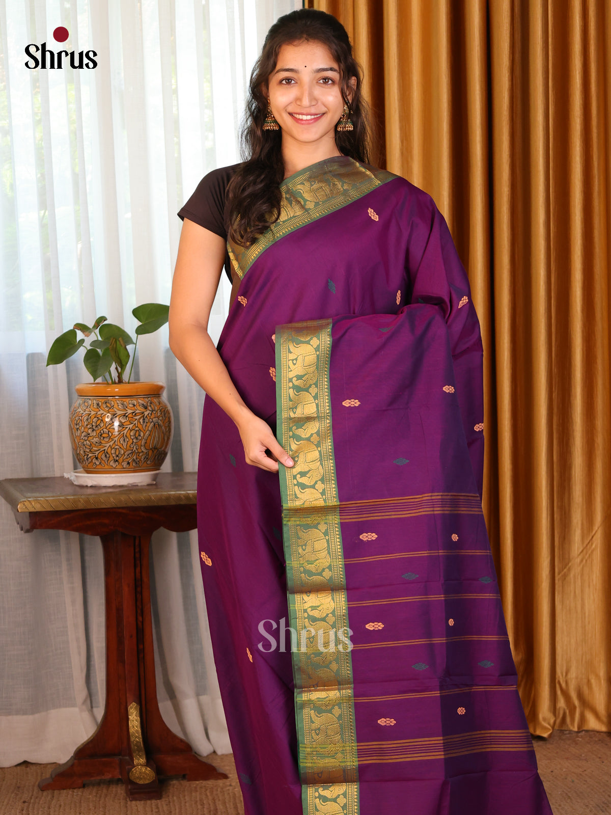 Violet with Green - DDS18167 - Chettinad Mix Cotton Saree - Shop on Shrus.com