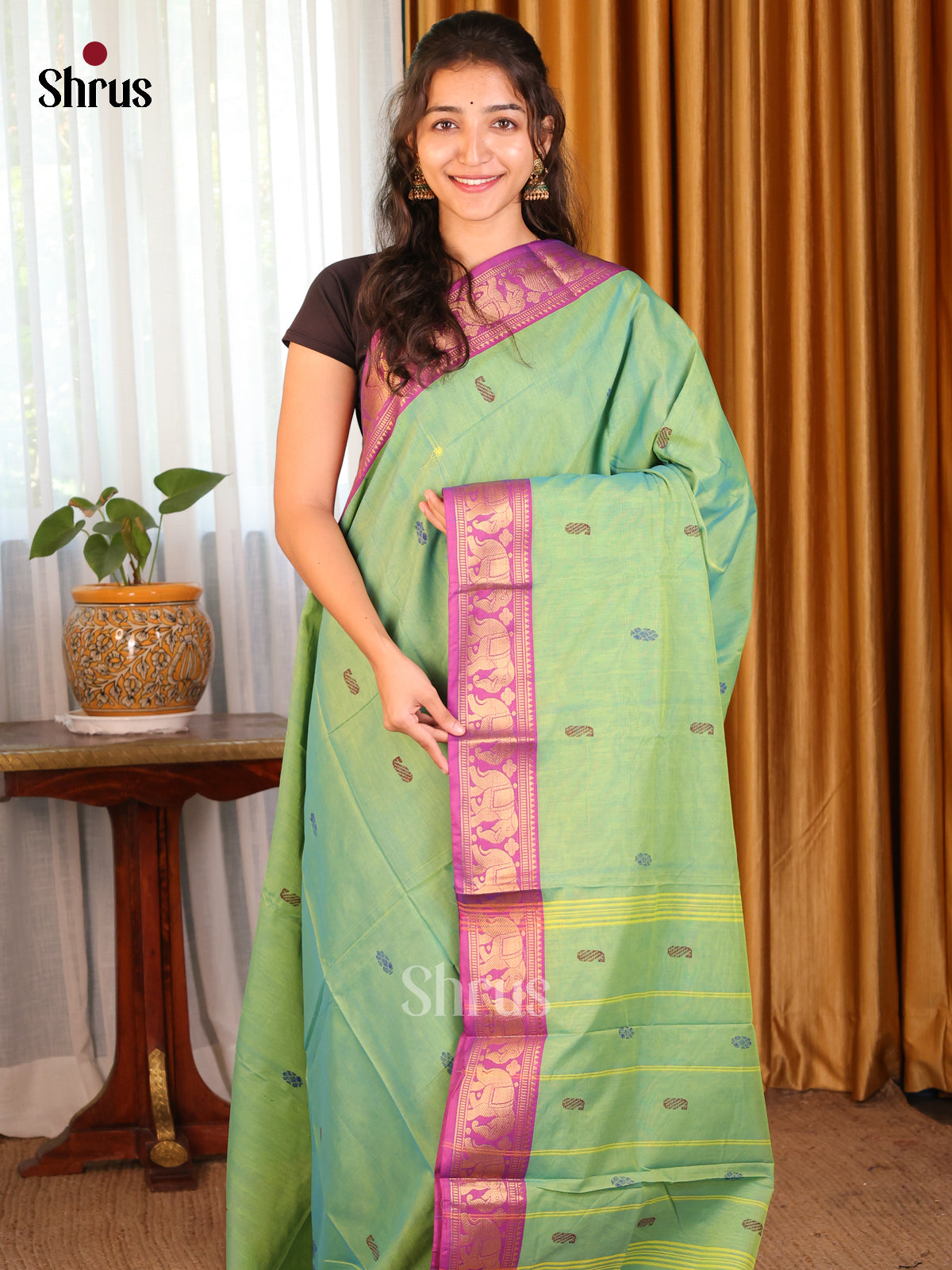 Green with Purple - DDS18174 - Chettinad Mix Cotton Saree - Shop on Shrus.com