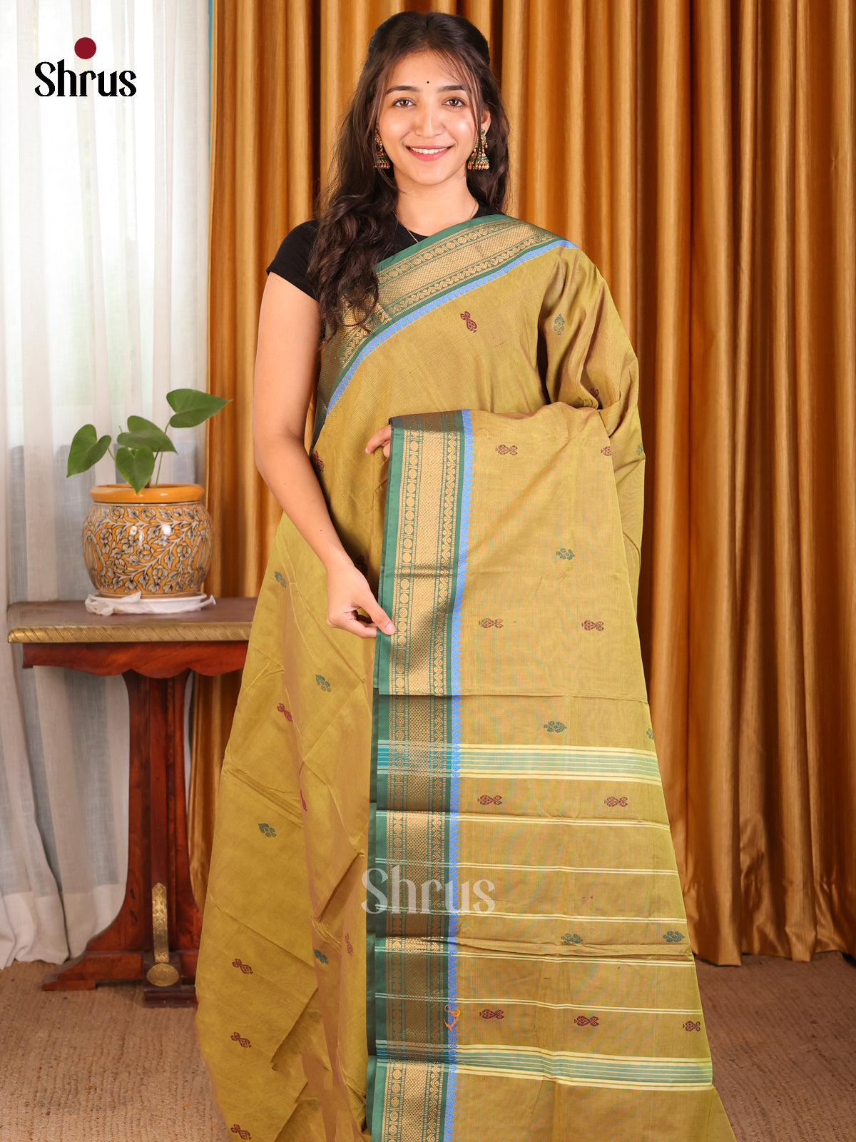 Beige with Green - Chettinad Mix Cotton Saree - Shop on Shrus.com