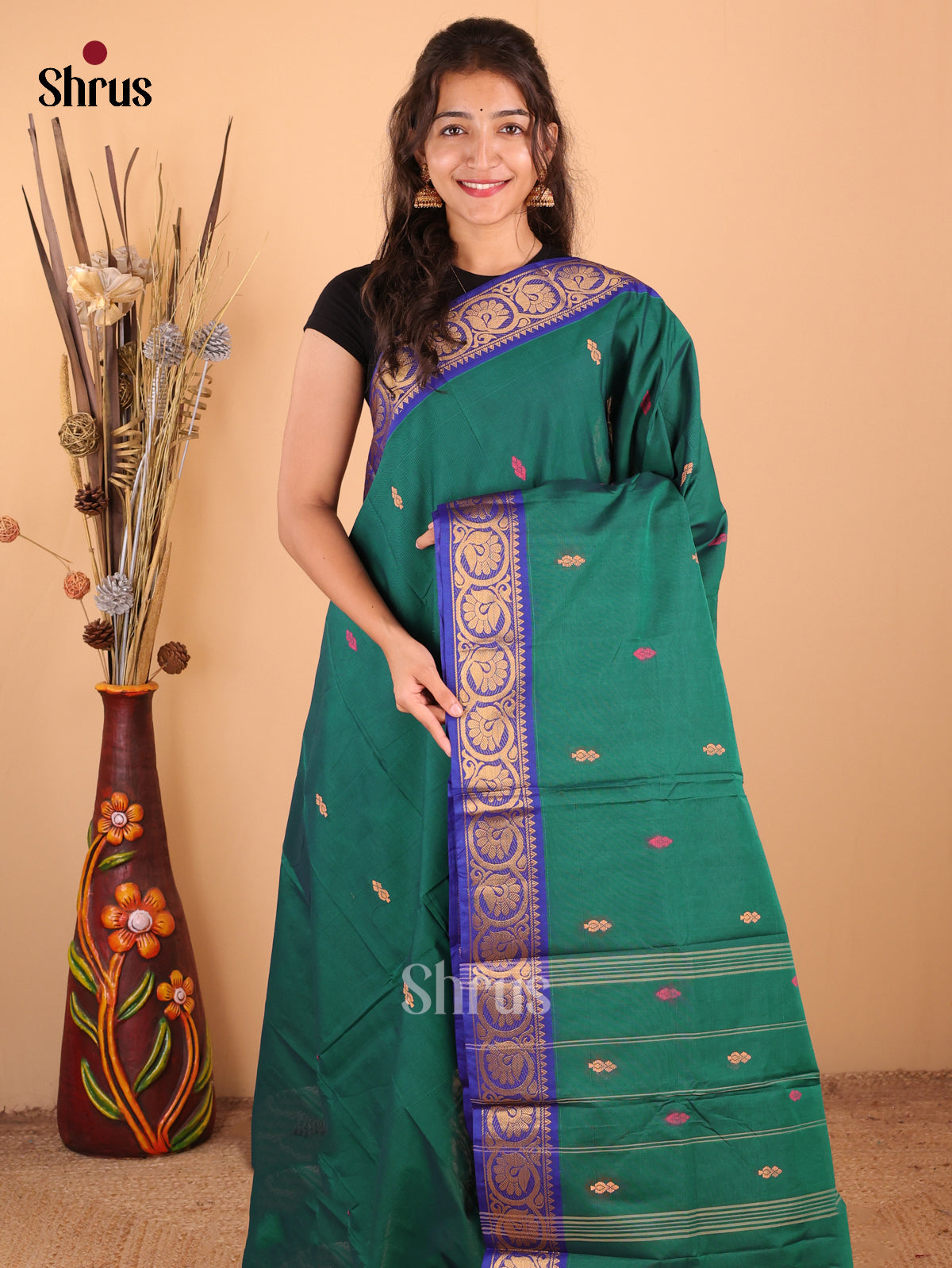 Green with Blue - DDS18194 - Chettinad Mix Cotton Saree - Shop on Shrus.com