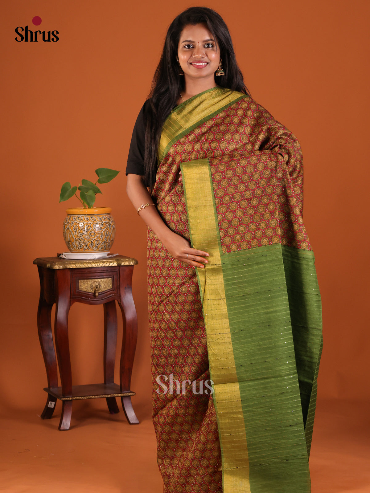 Maroon With Green - Printed Tussar Saree - Shop on Shrus.com