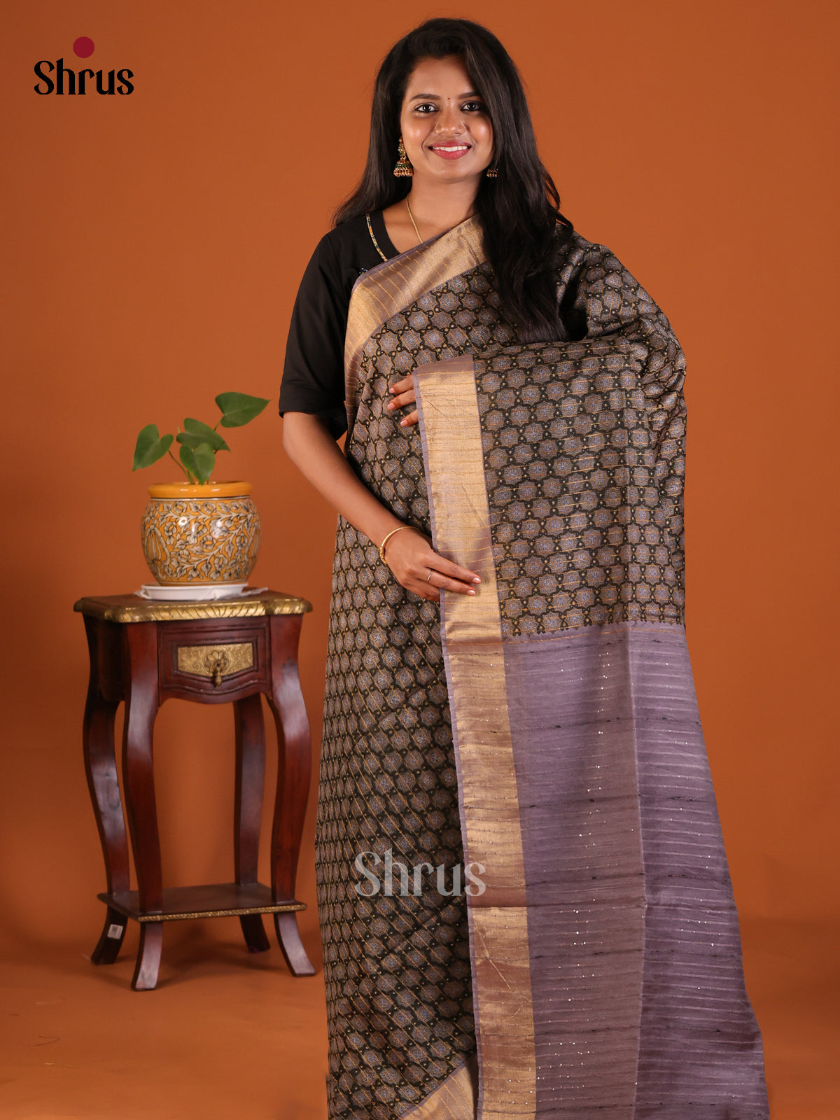 Black with Lavender - Printed Tussar Saree - Shop on Shrus.com